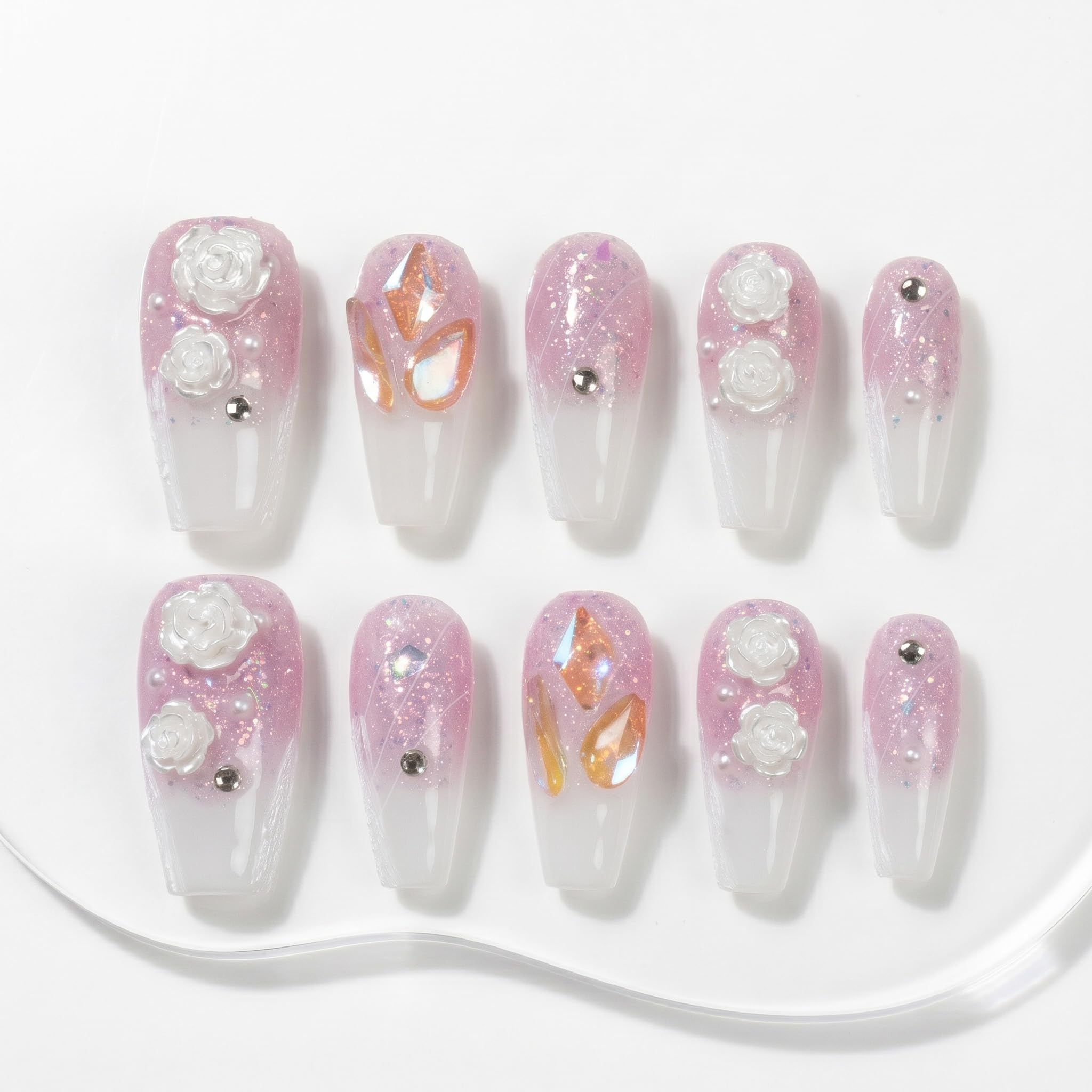Sun&Beam Nails Handmade Press On Nails Short Square Nude Pink Blue Floral Glossy 10 Pieces Easy At Home Manicure for Everyday Wear (#013 XS) — view 105
