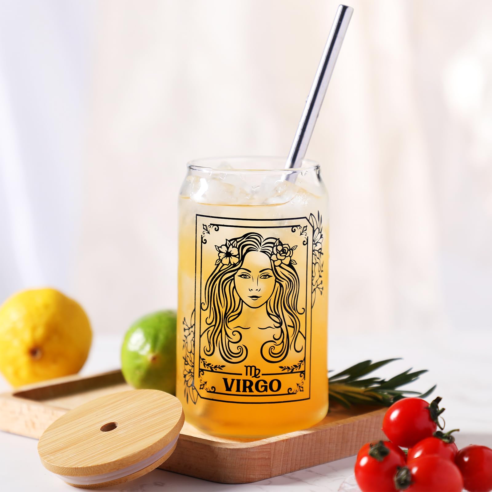 Nefelibata Virgo Beer Can Glass 16 OZ Constellation Iced Coffee Glass with Lid Metal Straw and Cleaning Brush, Reusable Drinking Cup for Coffee Tea Soda Juice, Zodiac Gifts for Women and Men, Set of 1