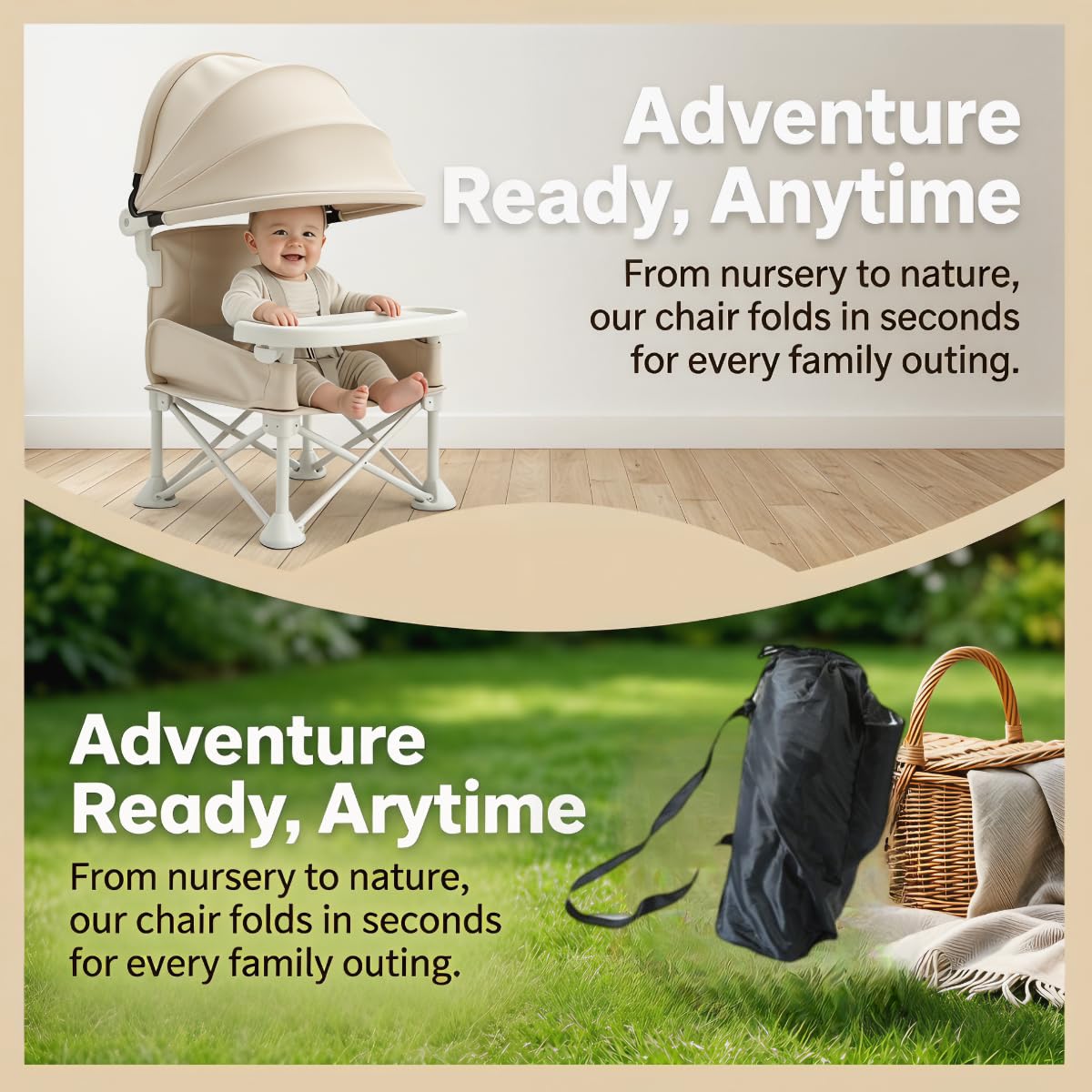 Siège de voyage pliable pour bébé avec position assise surélevée, chaise d'alimentation pour enfants, tout-petits et nourrissons avec plateau amovible et parasol amovible (crème)