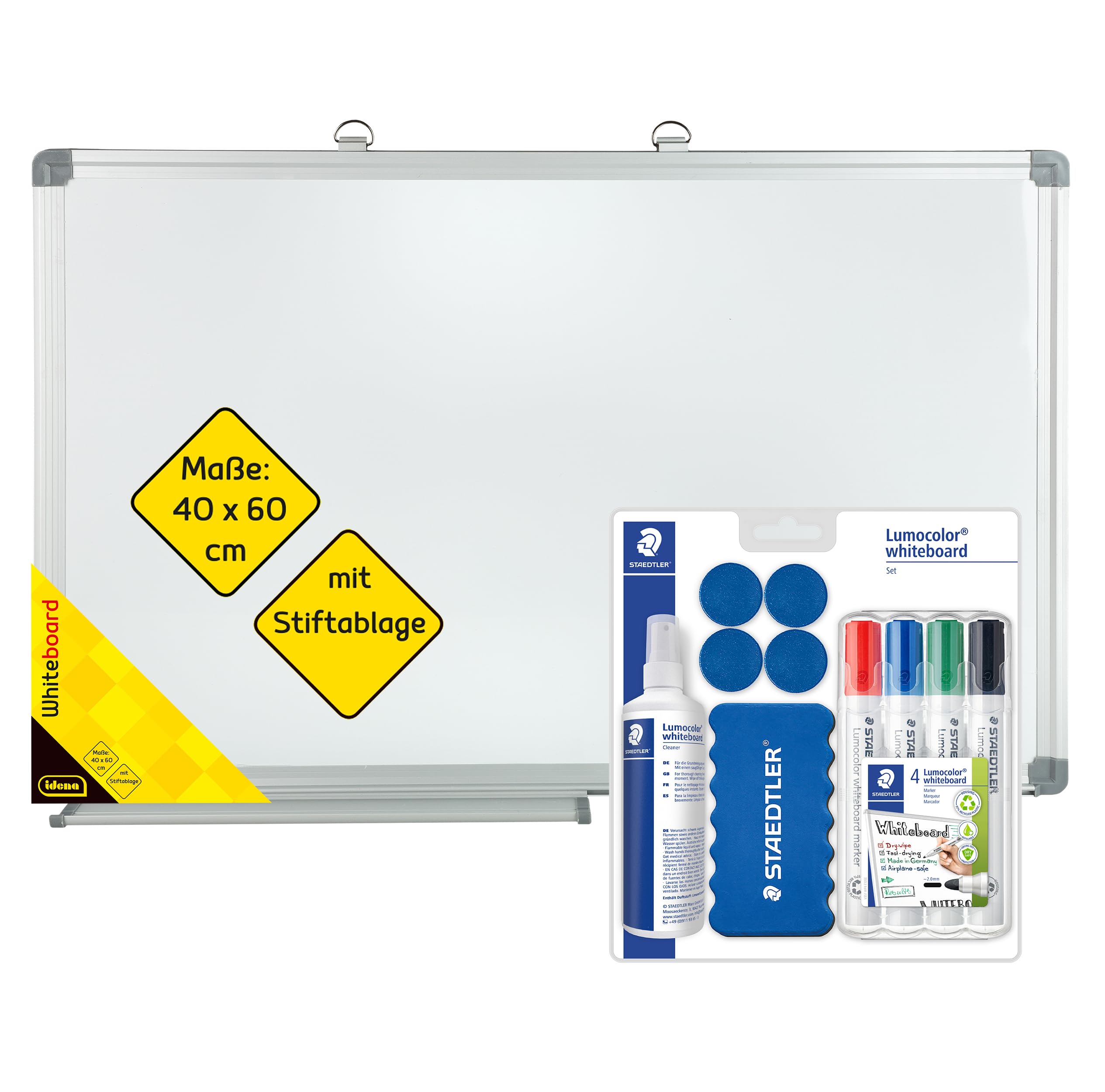 Idena 90884 - Whiteboard mit Stiftablage, ca. 60 x 40 cm, inkl. 4 STAEDTLER Whiteboard-Marker Lumocolor, Wischer, 250 ml Reinigungsspray & 4 Magnete