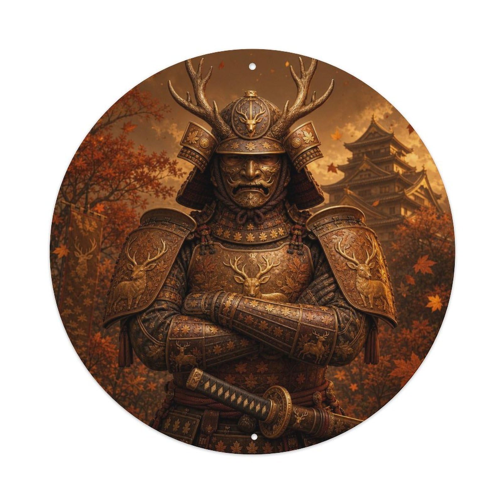 Okngb Style Daimyo Amber Autumn Crossed Arms Command Samurai Crest Metal Tin Sign Plaque Wall Decor For Cafe, Man Cave, Club Bar, Office, Home Garden Round Metal Poster 8X8inch