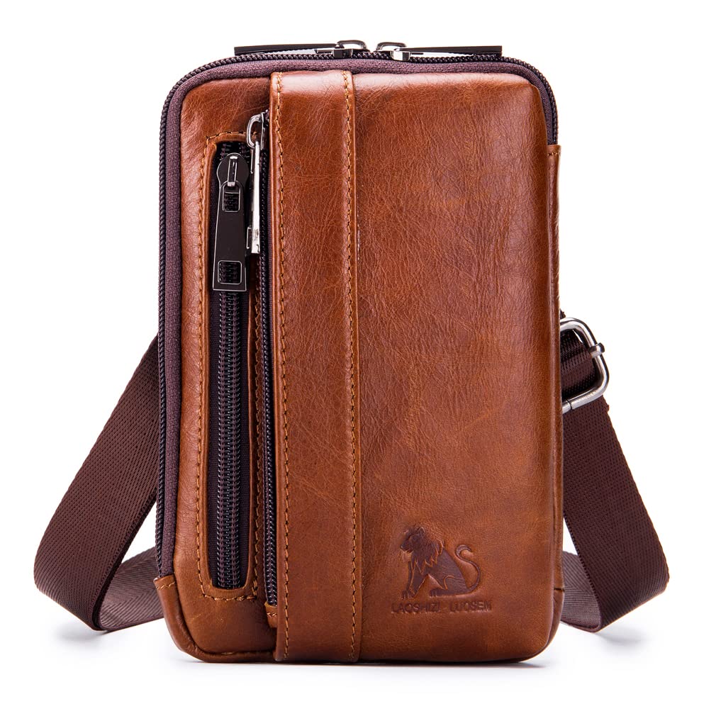 Xieben Bolso pequeño de Cuero con Bandolera, Bolso de Mano para teléfono, Cartera, Monedero, Gancho, Lazo, Cintura, riñonera, Viaje, Acampar al Aire Libre, Senderismo marrón