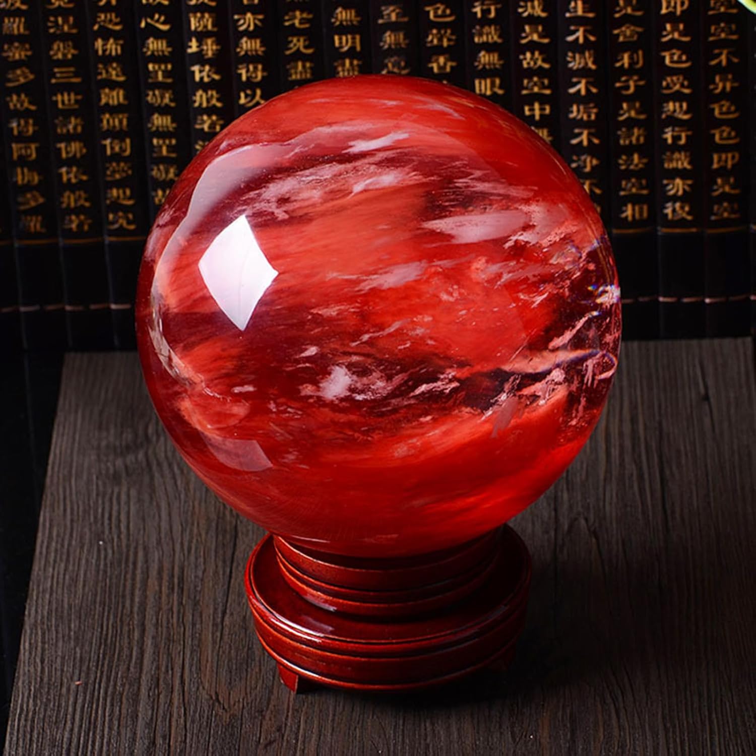 Polished Smelting Red Crystal Ball Crystal Decor Sphere with Wood Stand, Home Crystal Figurines Ornaments for, Witchcraft,Table Top Decorations,21cm/8.3in