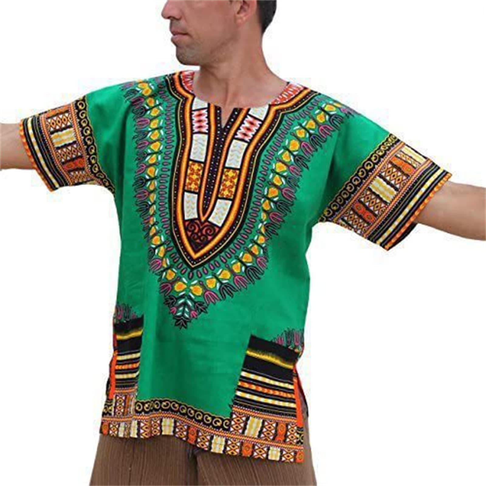 Keephen Men's # 2 African Dashiki T-Shirts Ethnic Style 3D Printed V Neck Short-Sleeved Traditional African Shirt Hippie Kaftan Tops