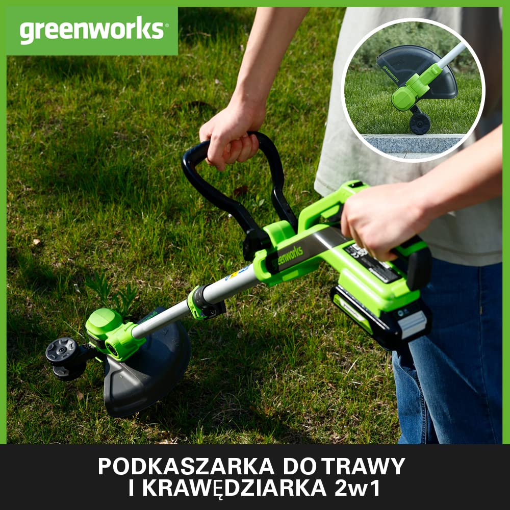 Greenworks G24LT30K2 Akumulatorowa Podkaszarka do Małych i Średnich Ogrodów, Szerokość Cięcia 30 cm, Automatyczny Wysuw Żyłki Nylonowej 1,65 mm, Bateria 24V 2Ah i Ładowarka