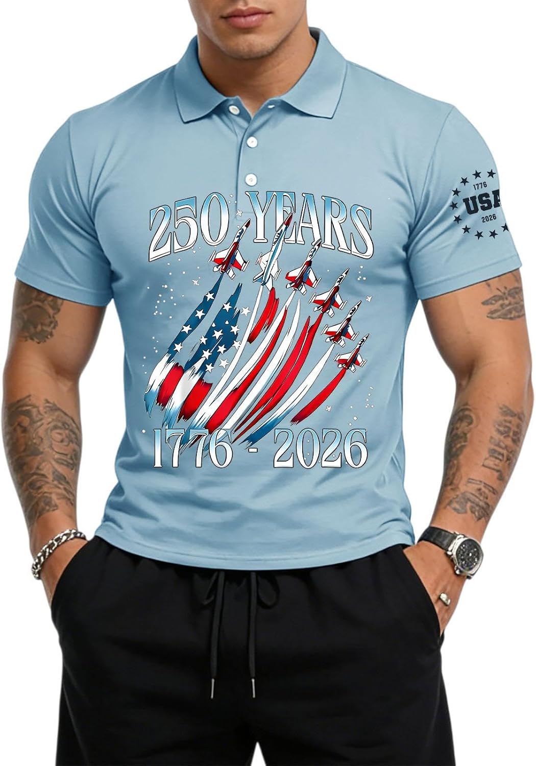 Ymosrh Men's Summer Polo Shirt Short Sleeve 250 Years USA Anniversary Flag Print Patriotic Golf Shirt Casual, S-3XL