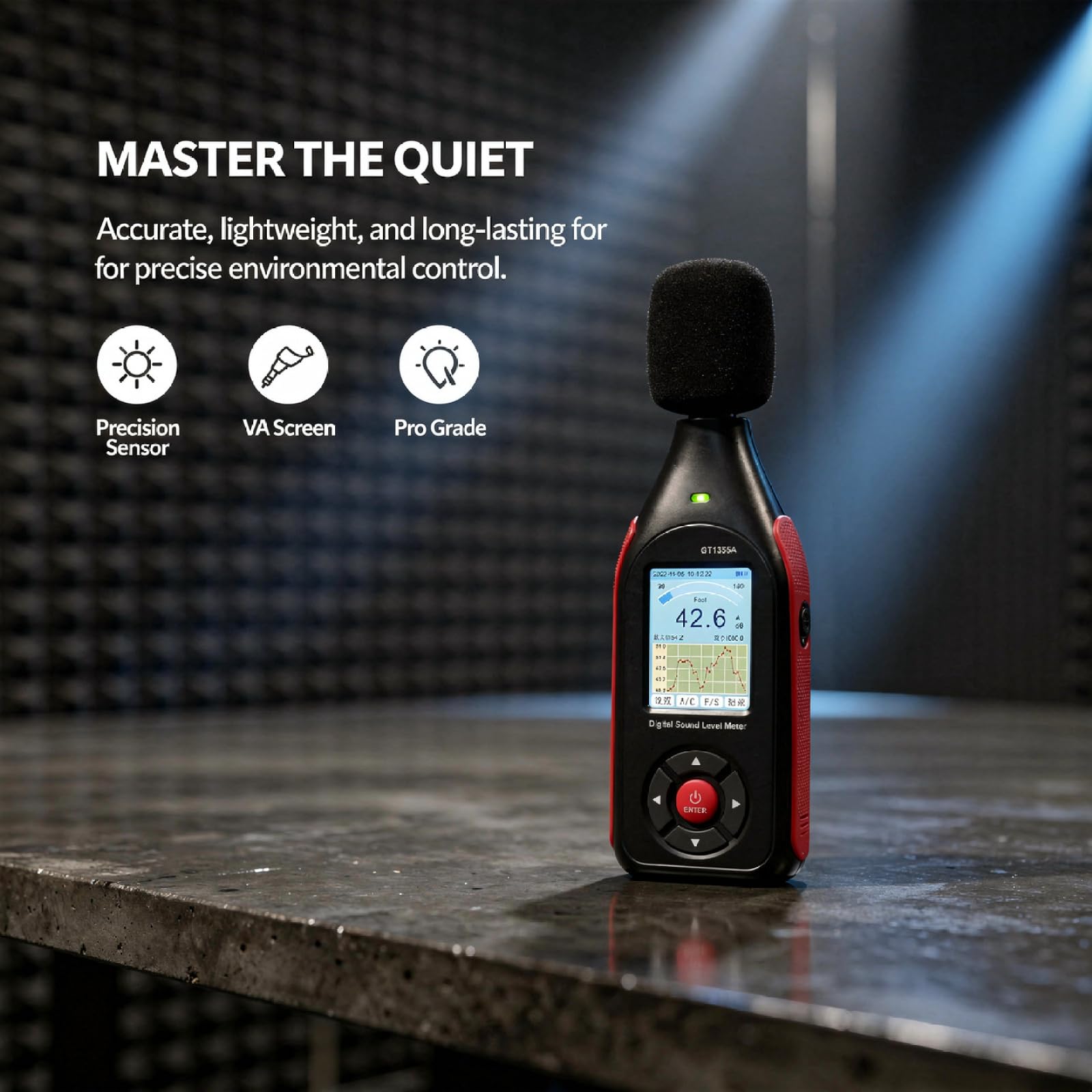 Sound Decibel Meter, GT1355A Digital Reader, 30-130dB Range, ±1.5dB Precisione, VA Schermo a colori, Archiviazione dati, Accesso software, Allarme a 3 colori, 5 Oz, Batteria 8 ore