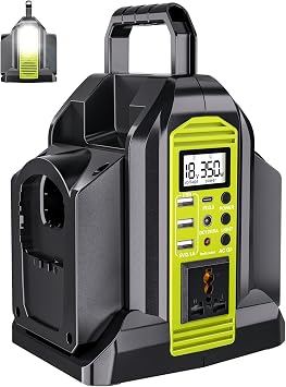 Taingwei 350W Power Inverter for Ryobi 18V Battery, 2-Ports DC 18V to AC 110-120V Pure Sine Wave Battery Inverter with 3 USB-A Port, 1 USB-C Port,300lm LED Light for Camping EmergencyTool Only