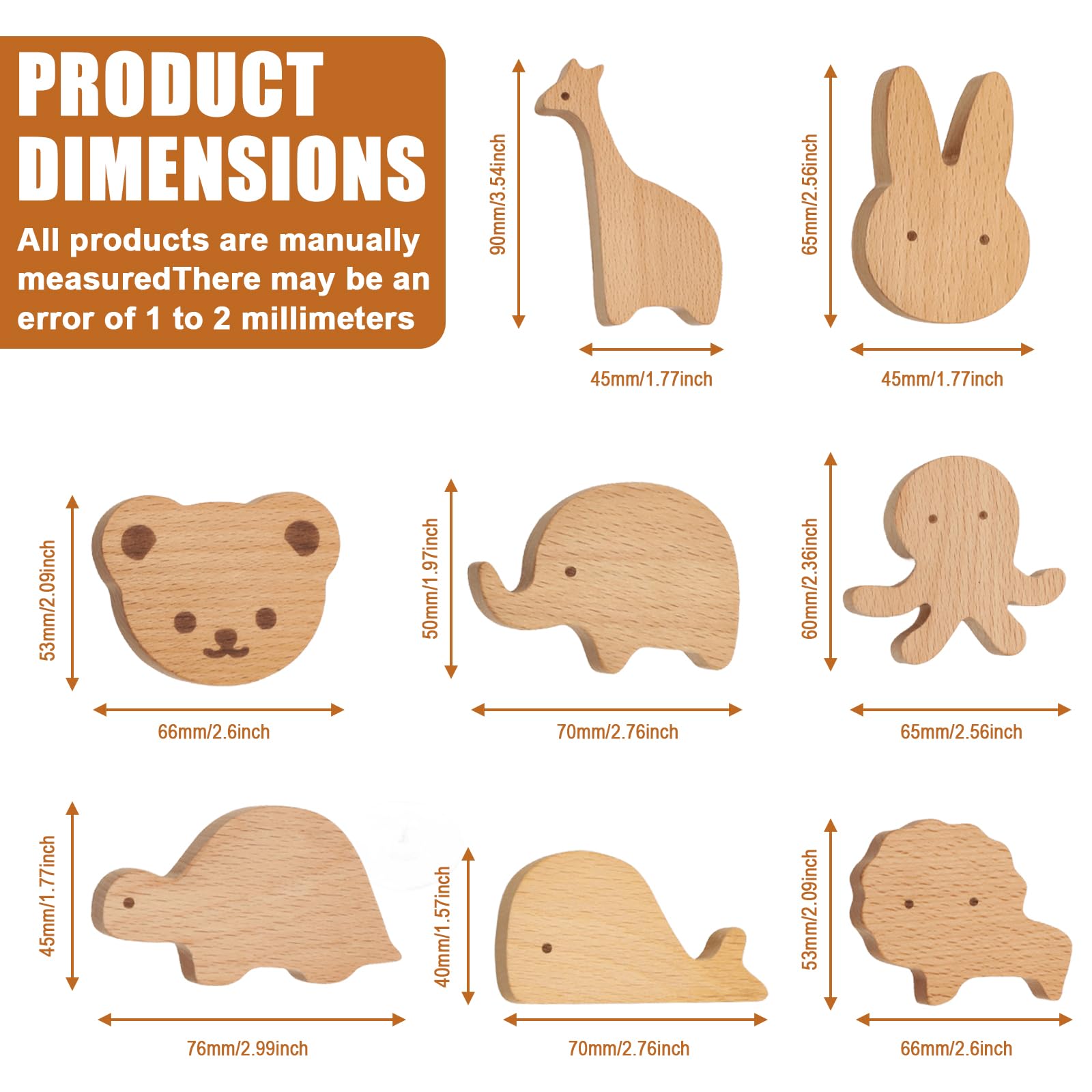 Pomos de Armario Con Forma de Animal Para Habitación Infantil - 8 Tiradores de Madera Para Muebles de Niños