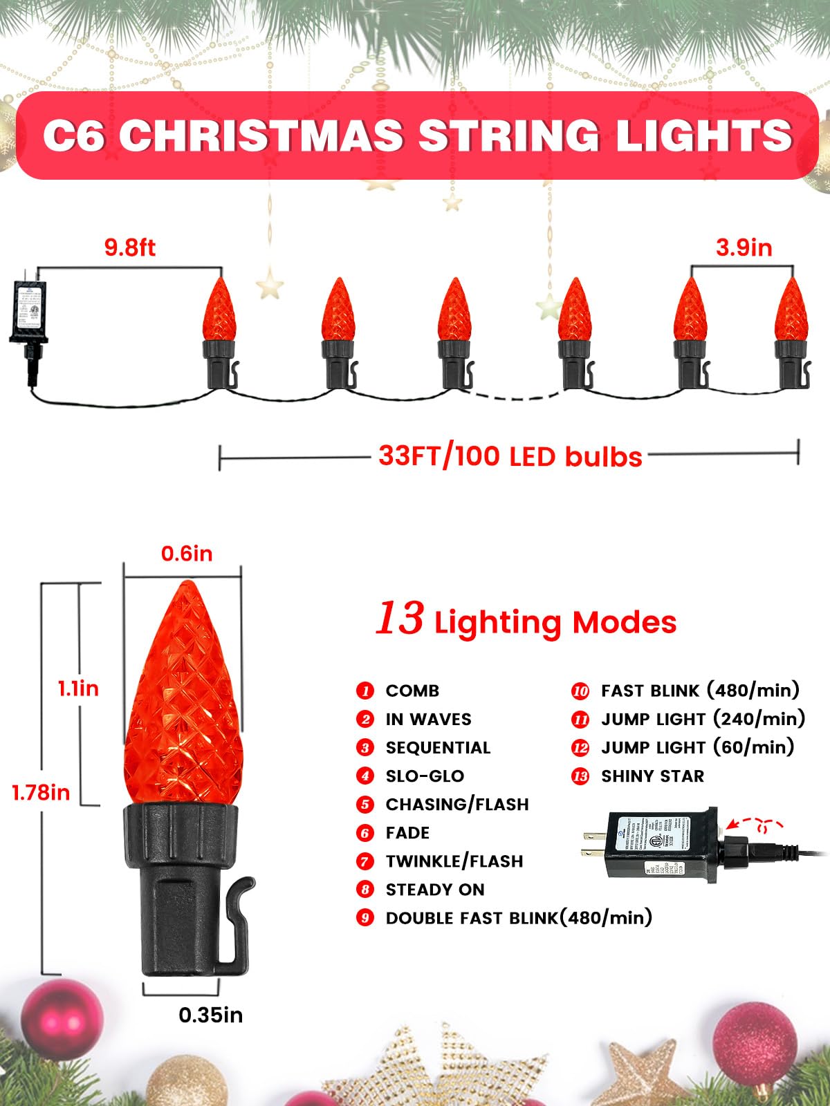 Paquete de 2 luces de Navidad C6 para exteriores e interiores, total de 200 luces LED de 66 pies conectables con temporizador y 13 modos, luz parpadeante impermeable para árbol de Navidad, patios