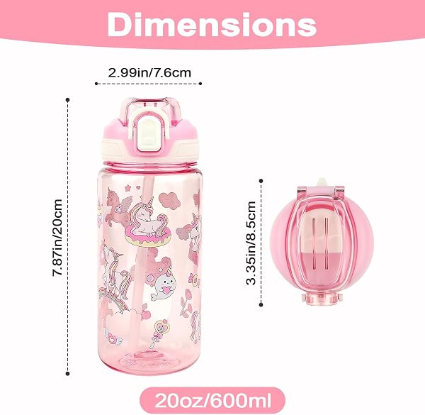 wooshwa Gourde Enfant avec Paille, Pour Filles, Anti-Fuite, Étanche, 600 ml Bouteille Enfant sans BPA, Verrouillage Sécurisé, Bouteilles d'eau pour Maternelle l'école Sport, Licorne - 3