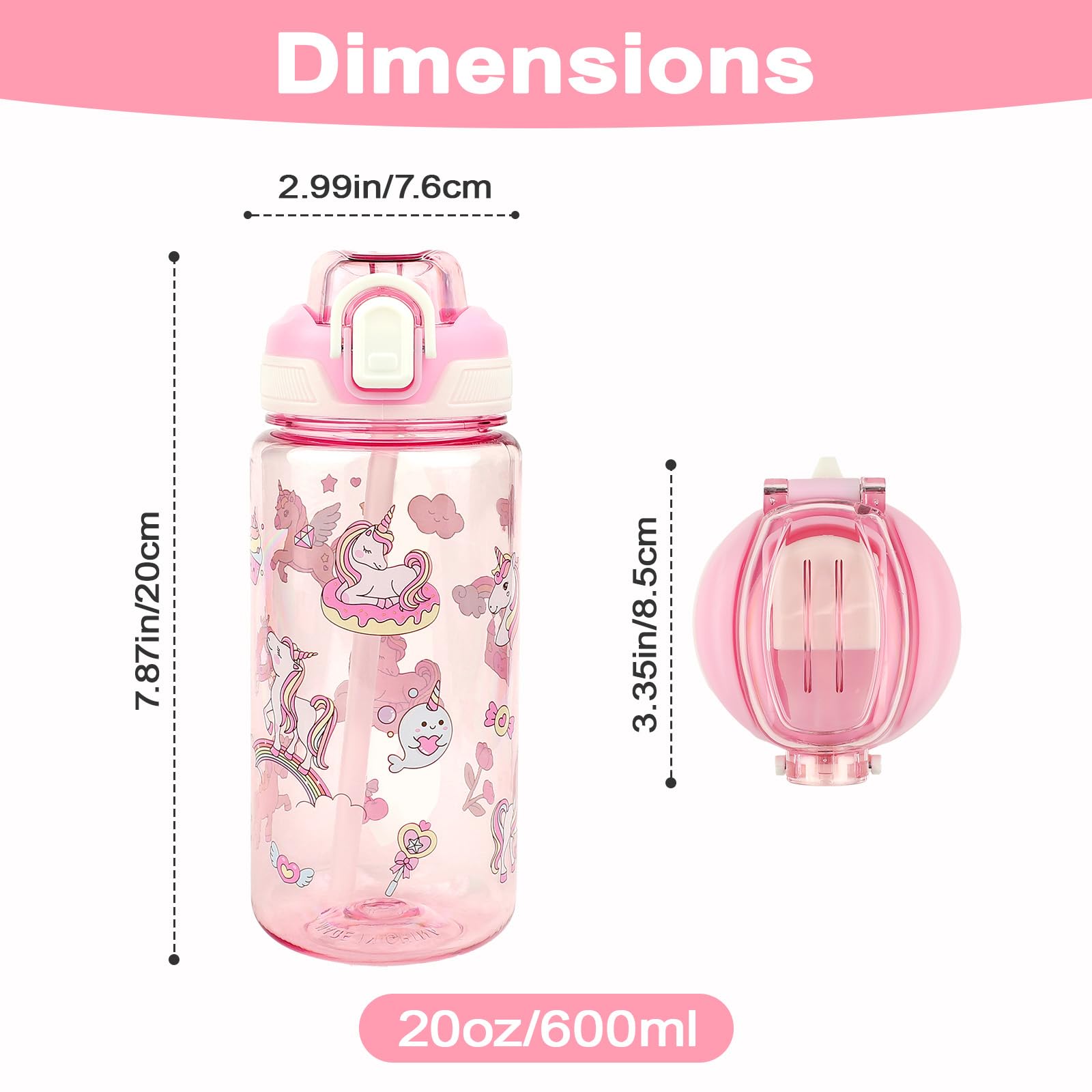 Borraccia Bambini 600 ml con Cannuccia Unicorno Rosa Priva di BPA Lavabile in Lavastoviglie