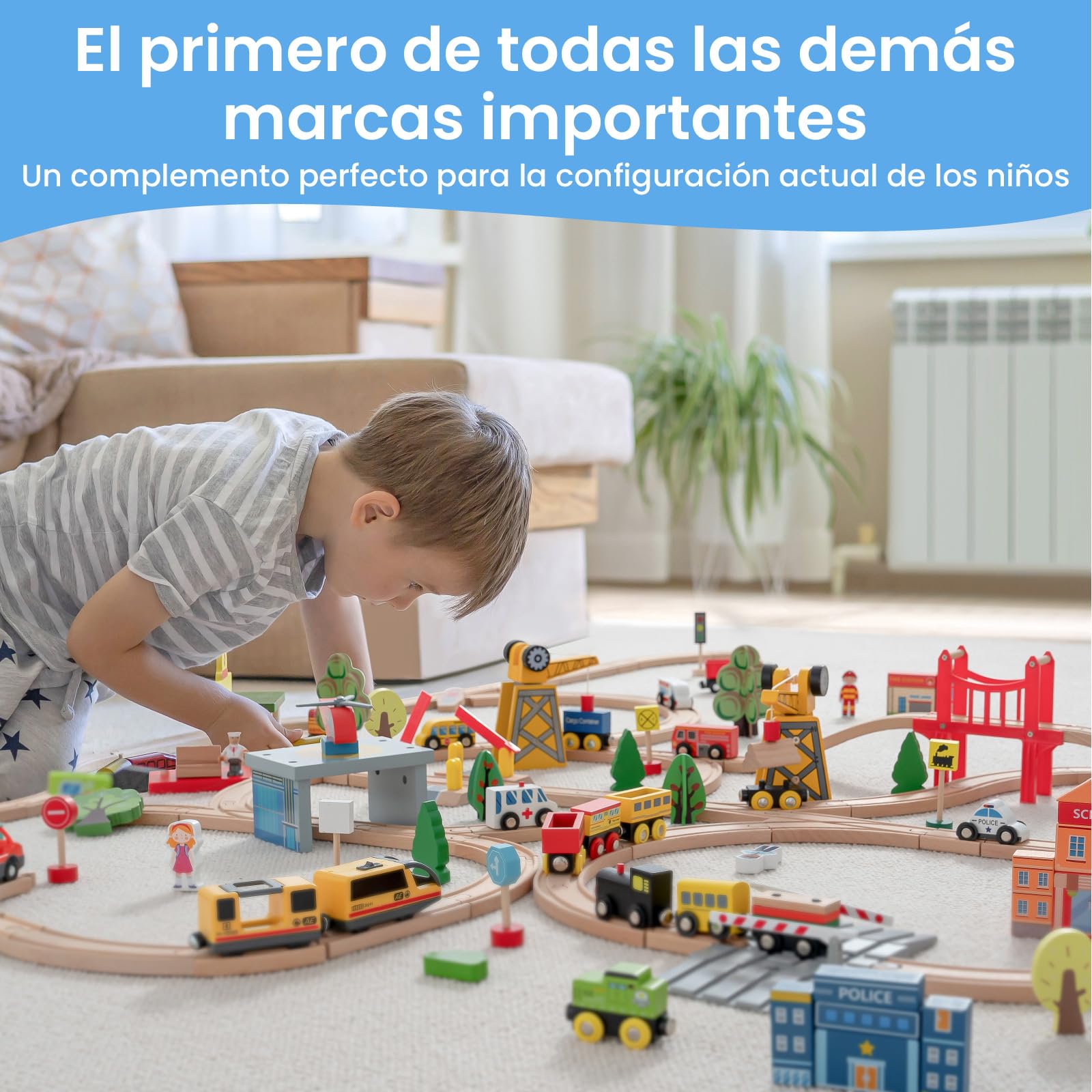 Tiny Land Juego de Trenes de Grúa, 55 Piezas, Pistas de Madera y Grúa Exclusiva y Trenes, Compatible con Otras Marcas líderes, Kit de Ferrocarril de Juguete Empaquetado de Regalo