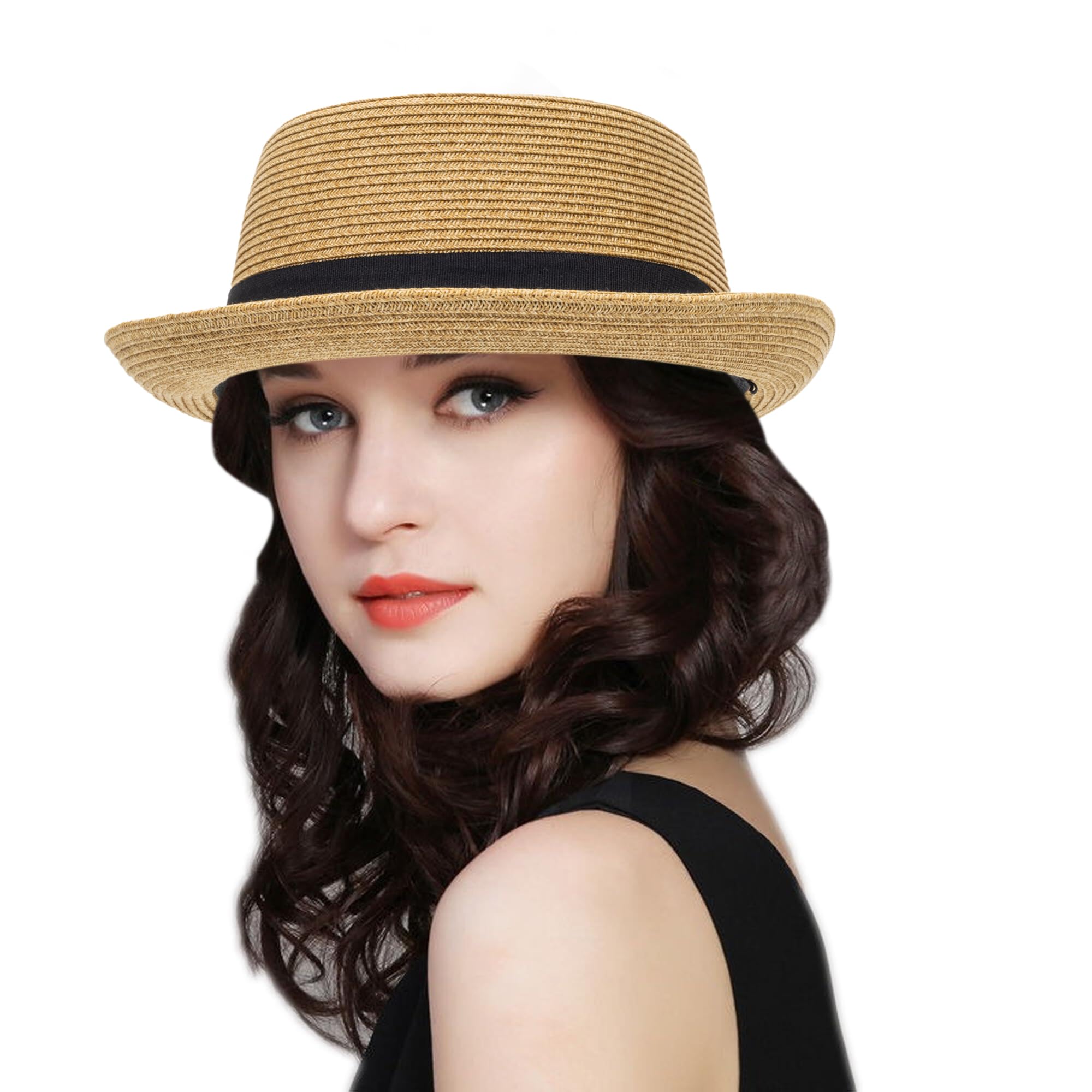 Sombrero clásico de paja de pastel de cerdo para mujeres y hombres, sombrero de verano con ala enrollable, sombrero de paja Fedora sombrero de playa con lazo