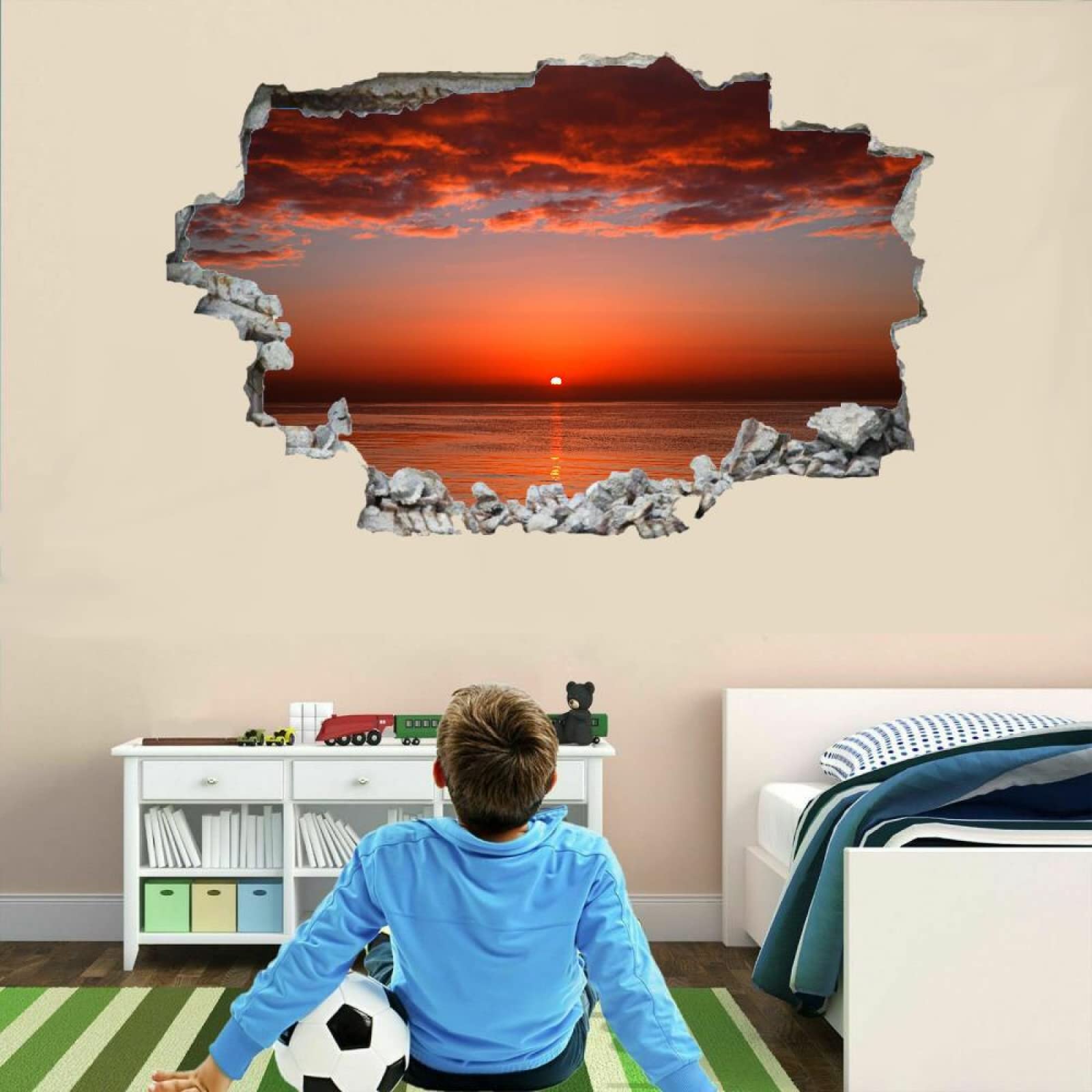 Sonnenaufgang 3D Wandaufkleber, Wolken Durchbruch Wandtattoos Deko Wand Selbstklebend Landschaft, Wand Aufkleber Wanddurchbruch Wandsticker für Zuhause, Badezimmer, Schlafzimmer, Wohnzimmer