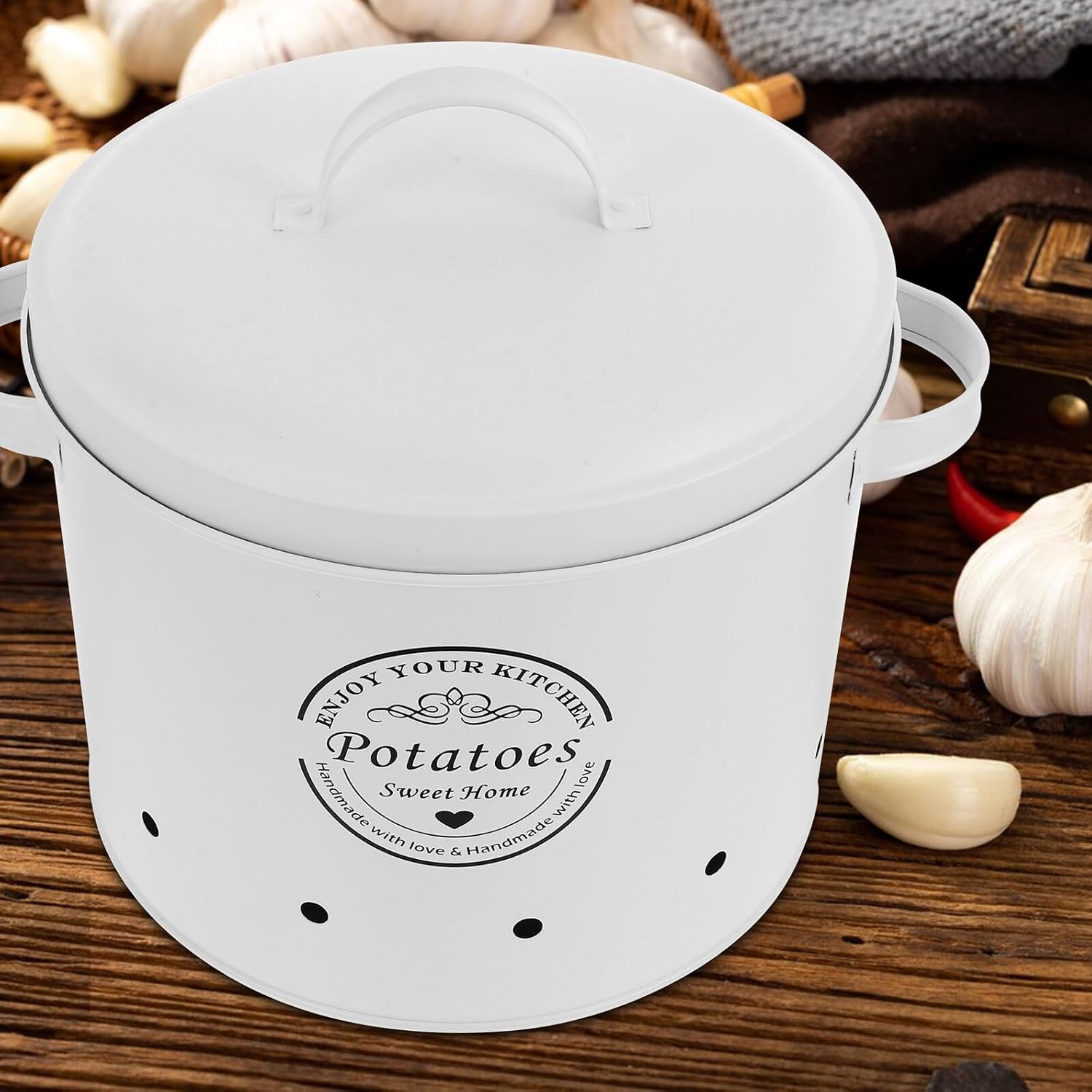 SHINEOFI Vegetable Storage Bin Garlic Keeper Potato Onion Holder White Metal Wire Basket for Kitchen Countertop Produce Organization and Freshness