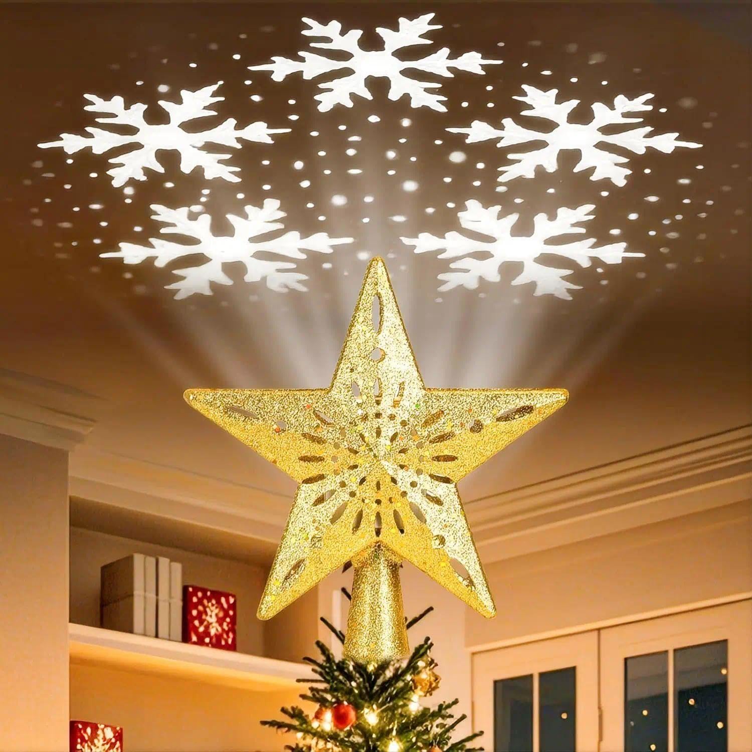 CAUTIOUS Étoile Sapin de Noel, Or Étoile pour Sapin de Noël 6 Modes de Projection avec Projecteur Dynamique LED Rotatif Intégré, pour Decoration Arbre Topper Interieur