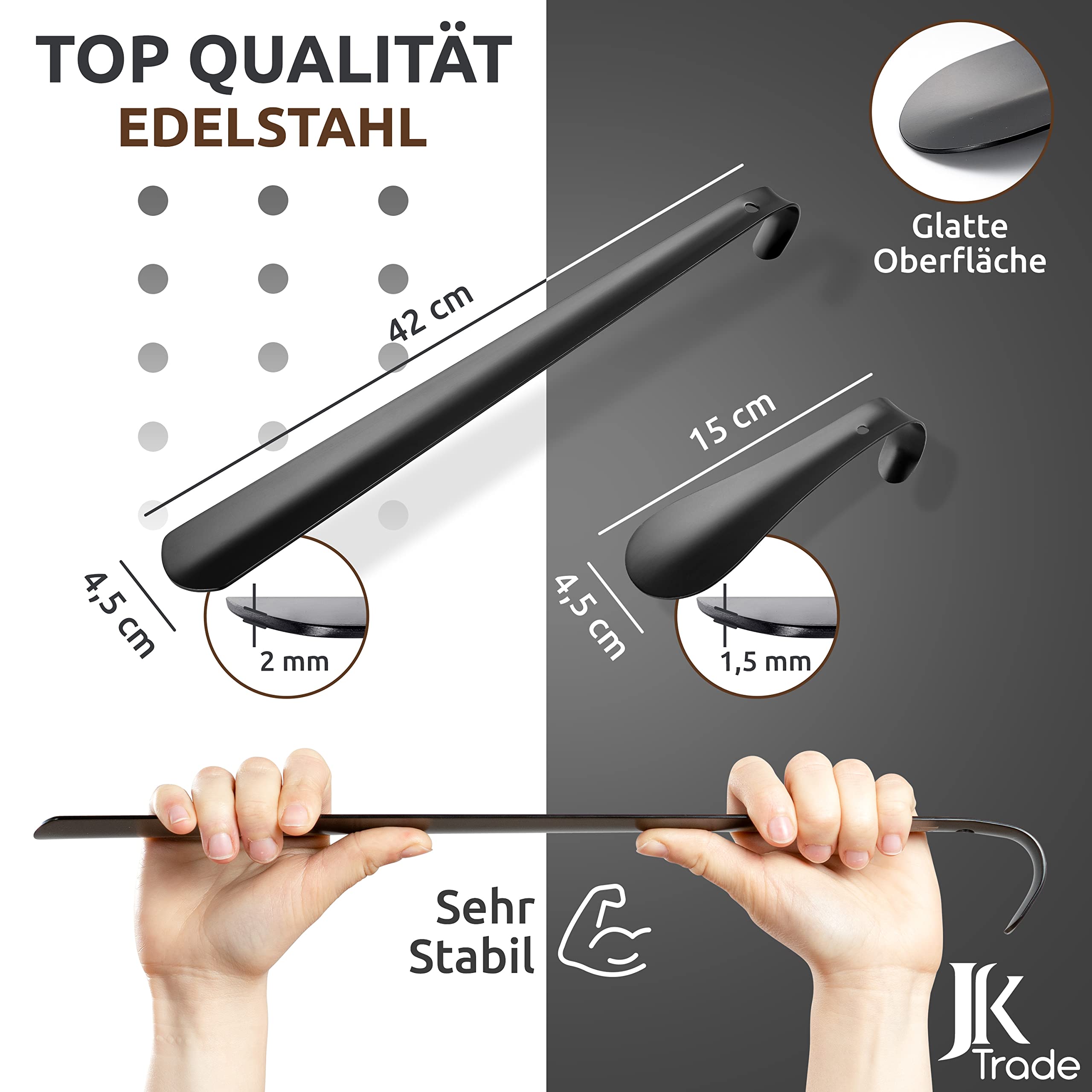 JK Trade® Lot de 2 chausse-pieds en acier inoxydable 15 et 42 cm | Court et long | N'abîme pas le dos | Longueur et largeur idéales | Suspension business