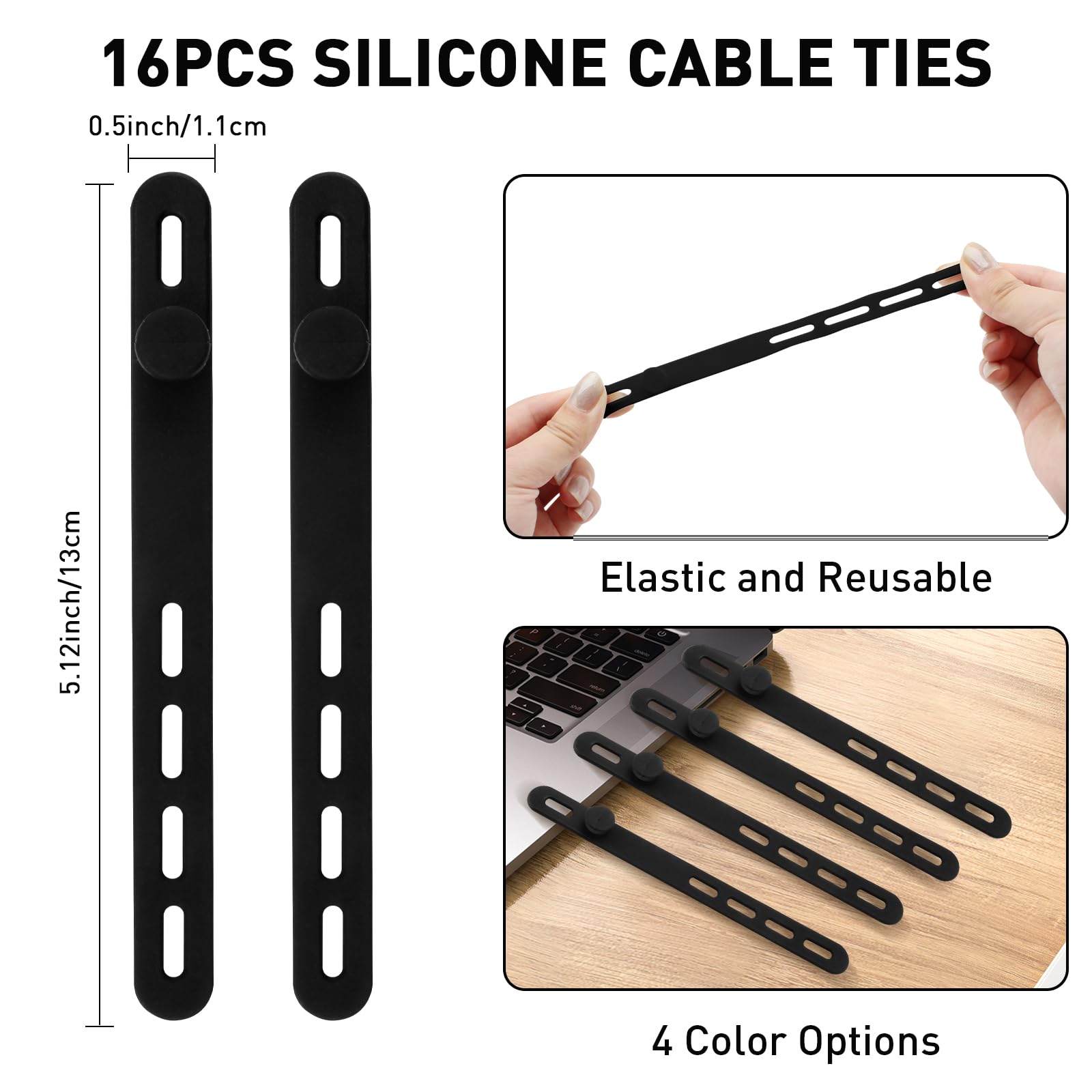 TamBee Silicone Cable Ties Reusable Cable Straps 16pcs Black Cable Wire Ties Cable Cord Organizers for Earphone Phone Charger Audio Cable Computer (16Pcs - Image 2