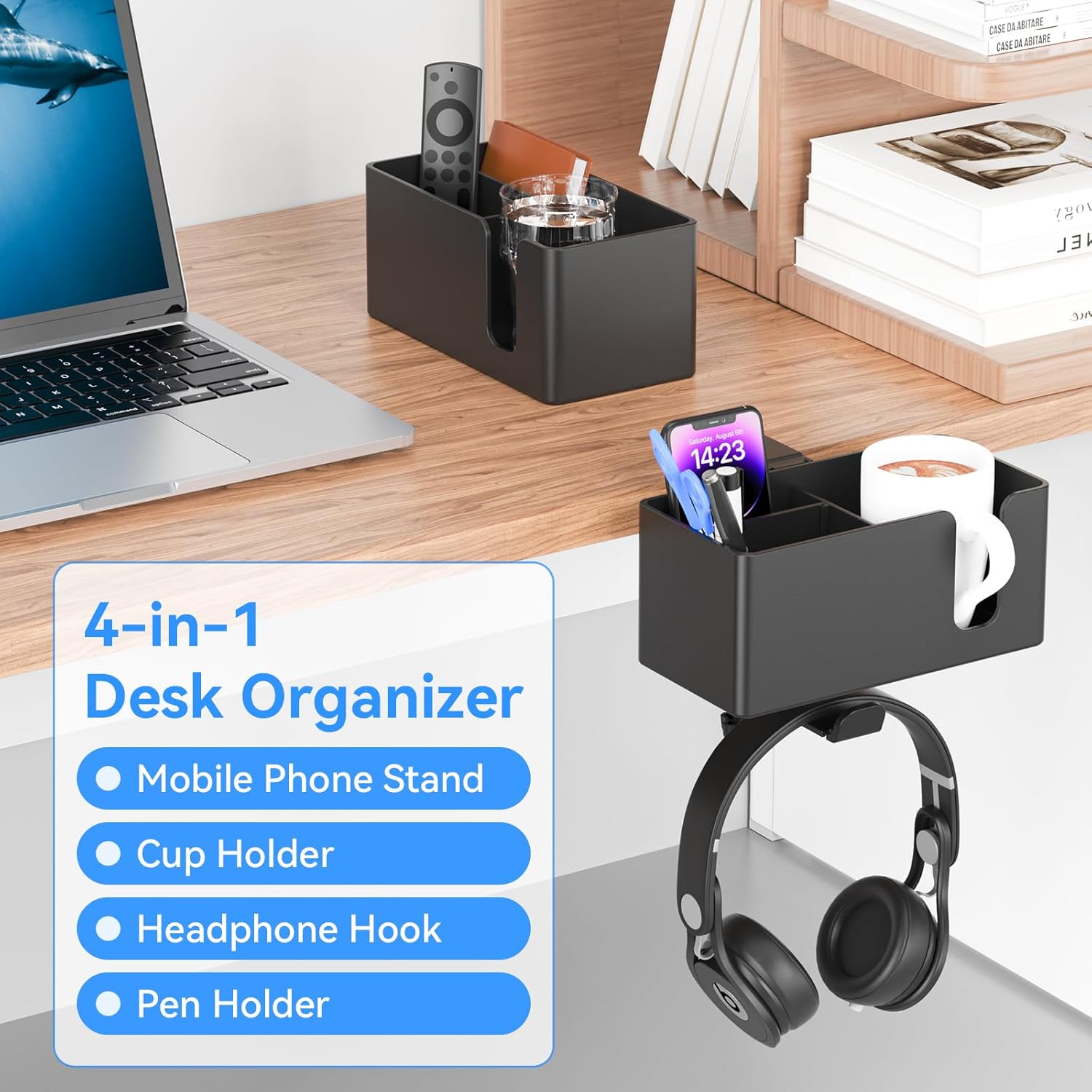 4 in 1 Desk Cup Holder with Storage - Clamp on Under Desk Headphone Hanger - Detachable Pen Cup Holder Desktop Storage for Desktop Attachments Accessories - Image 2
