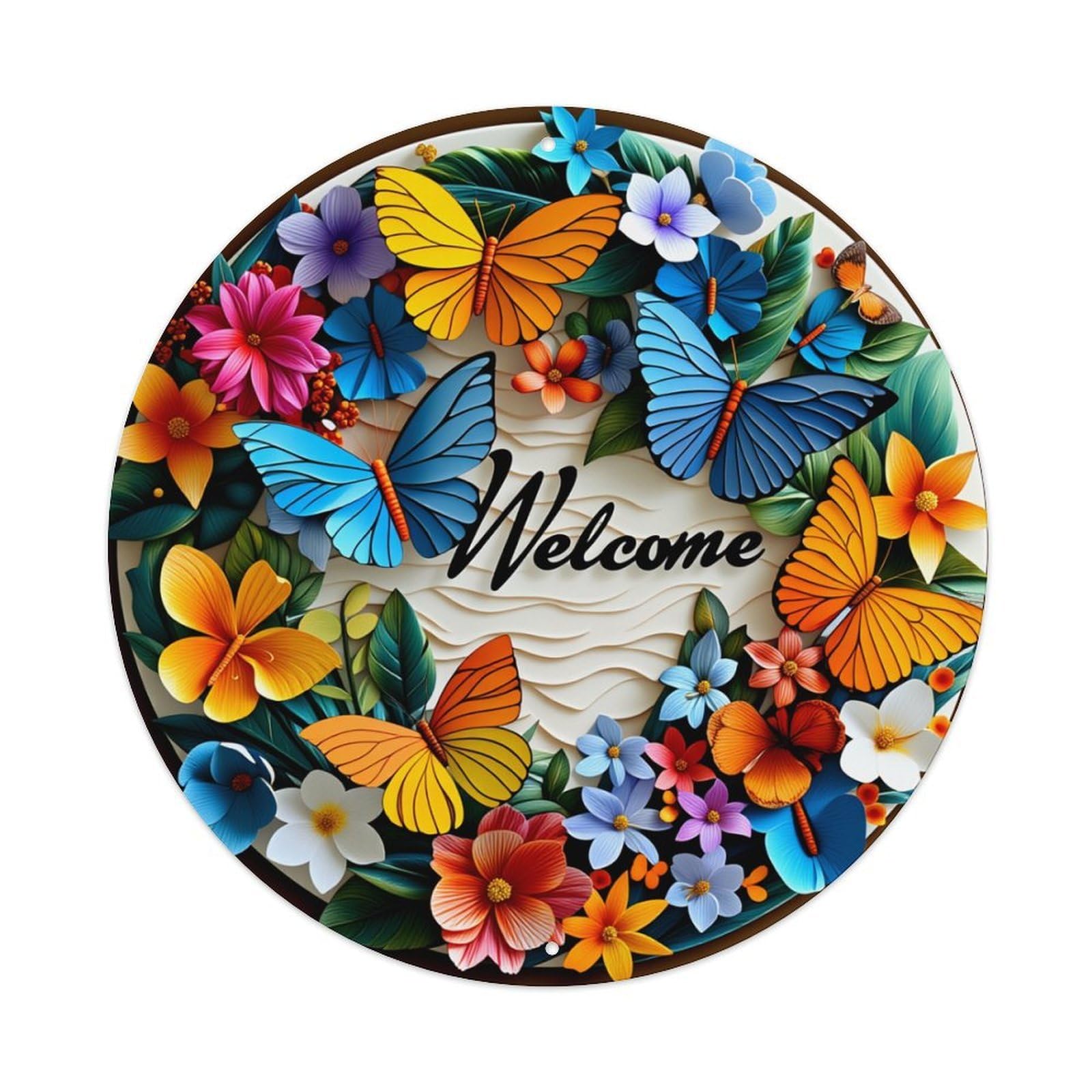 Floral Butterfly Welcome Pattern Art Round Tin Sign Retro Metal Sign for Cafe Bar Pub Home Game Room Gym Club Wall Decoration Vintage Metal Poster 8x8 Inch