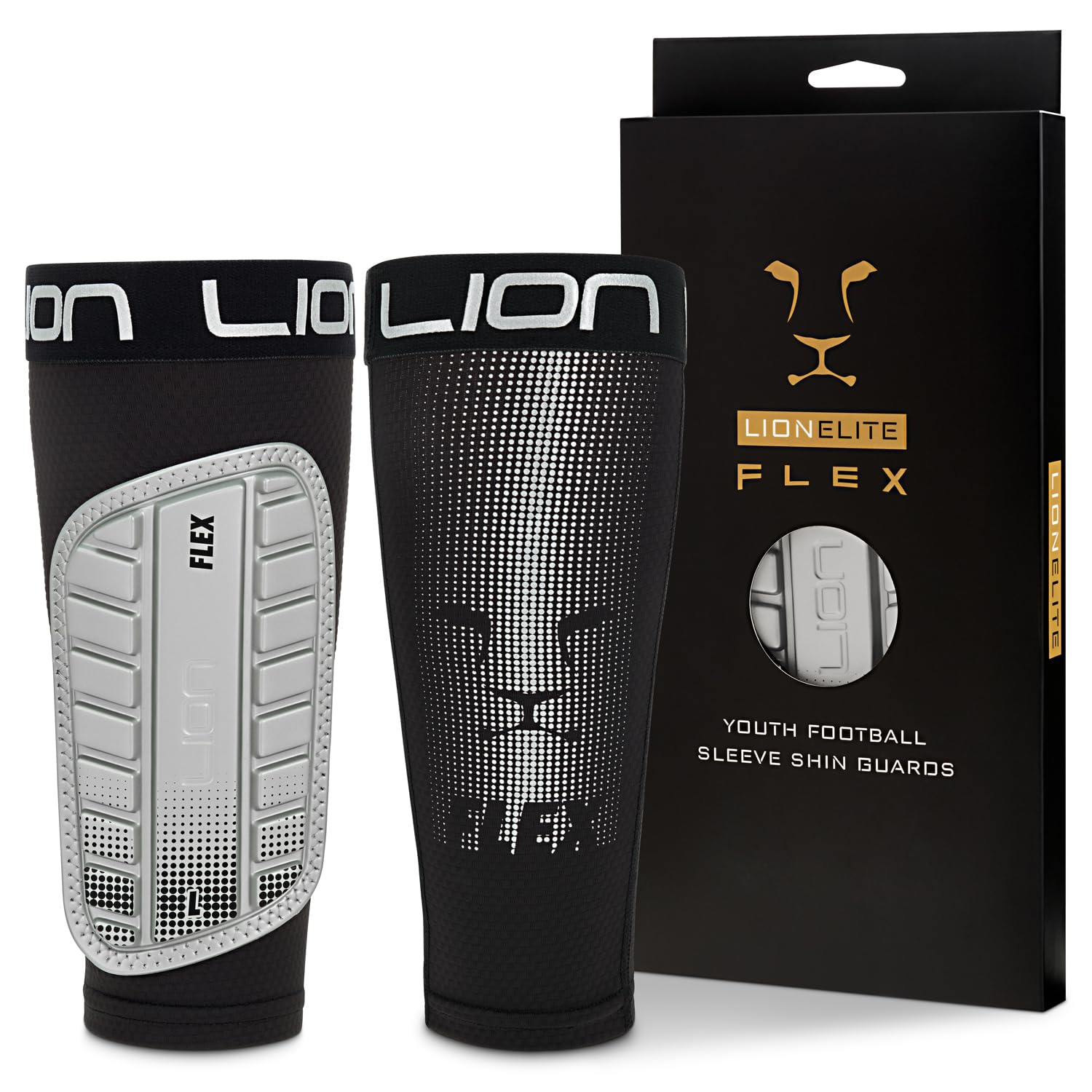 LION ELITE Youth Shin Pads with Sleeves – Flexible Football Shin Guards for Kids – Non-Slip, Multiple Colours | Silver - Youth Small