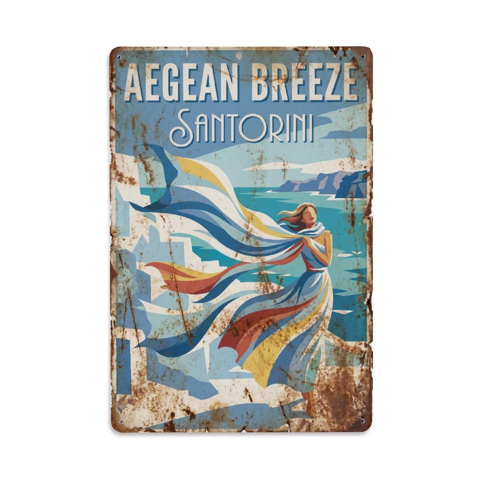 Gead 8X12inch Style Vintage Travel Santorini Aegean Breeze Metal Tin Sign