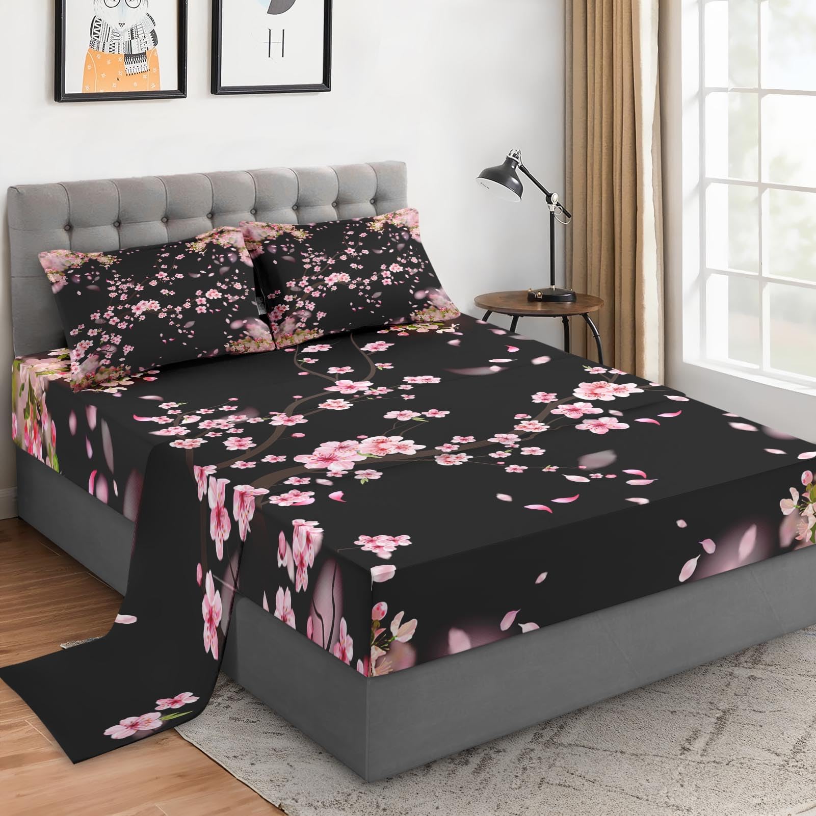wecozy queen size 4 pcs bed fitted sheet set with 14" deep pocket, blossom cherry flat sheet set for kids and adults, pink tree flower bedding with 2 pillowcases for bedroom decor
