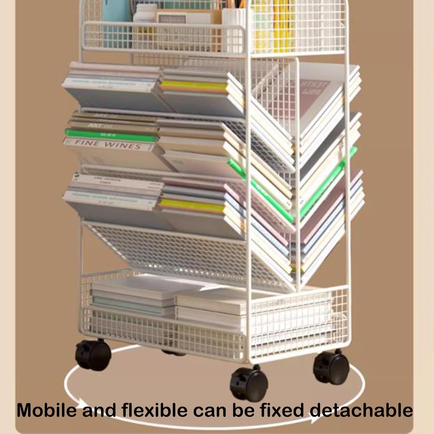 Book cartRolling File cart with Wheels, 5 Tier Mobile Bookshelf cart Rolling Utility cart Metal for School,Bedroom,Classroom,Office,Library,White