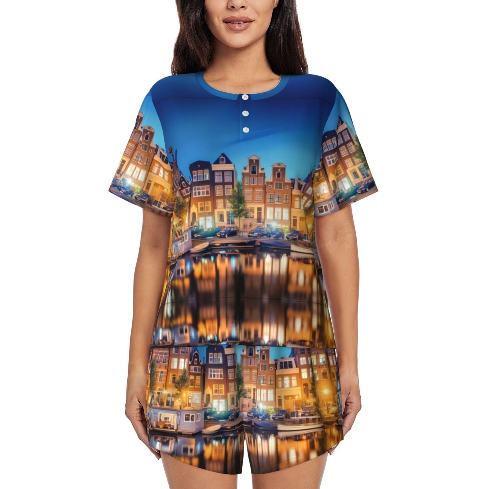 GaxfjRu Amsterdam Night View Summer Pajamas for Women – Casual & Cute Sleepwear Sets for All Occasions,Postpartum Clothes. Women's Loungewear Black