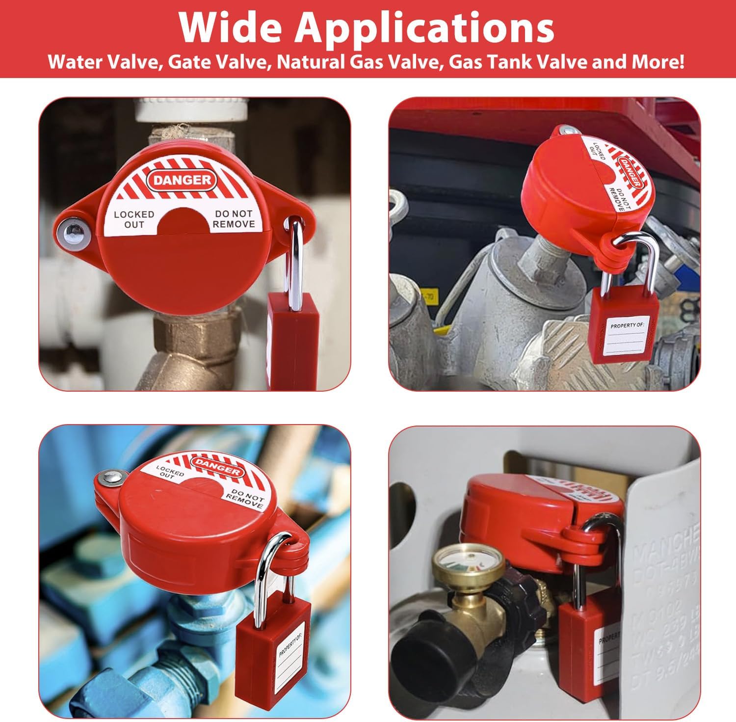 Wisamic 2-Pack Gate Valve Lockout - Outdoor Faucet Lock for 1" to 2-1/2" Valve Handles, Secure Hose Bib Lock for Water Spigot, Propane Tank, Natural Gas, Petroleum and Chemical Industry - Red