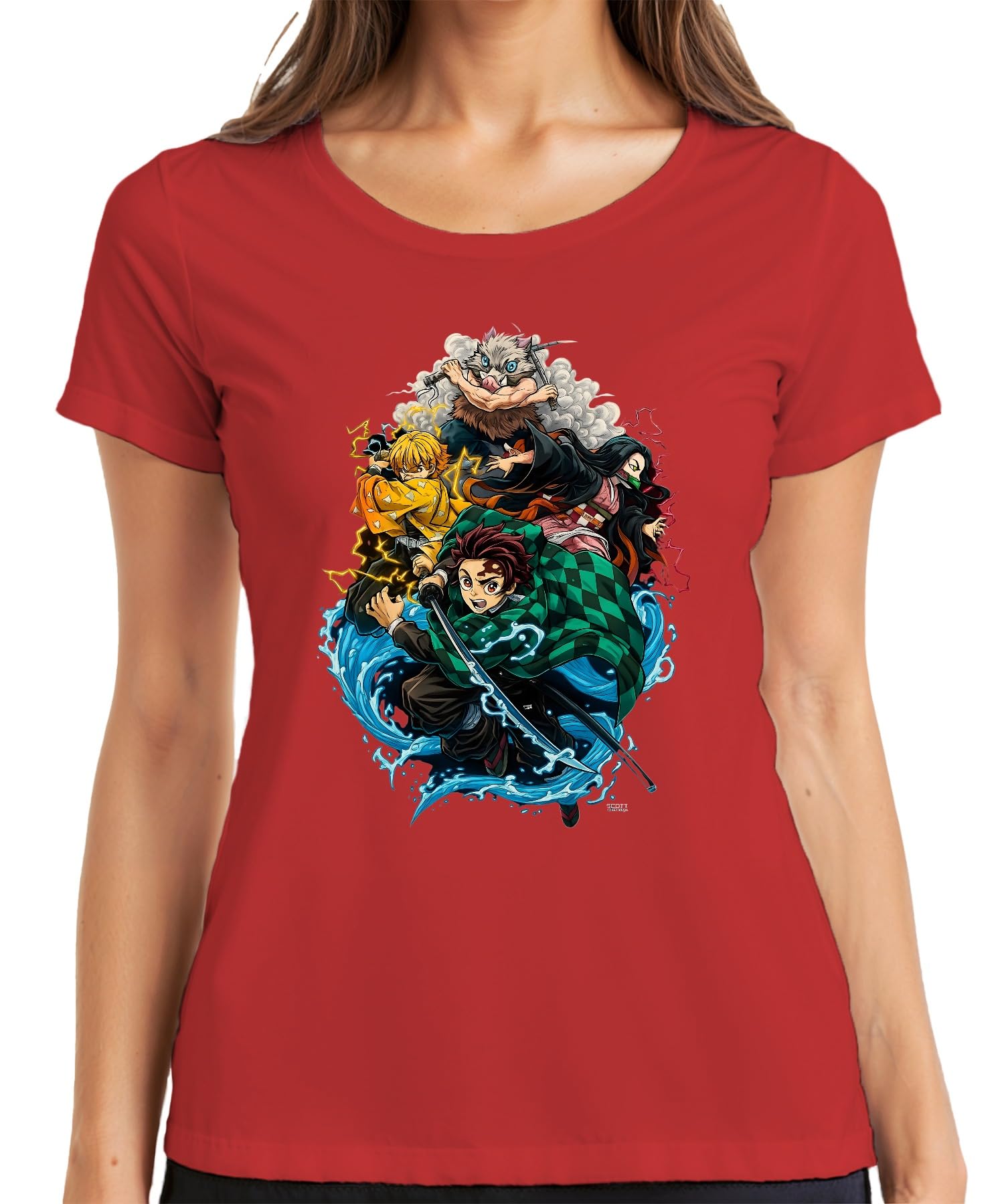 Printera Women's Red Demon Slayer Kimetsu No Yaiba Tanjiro Nezuko Zenitsu Fan Gift T-Shirt, L