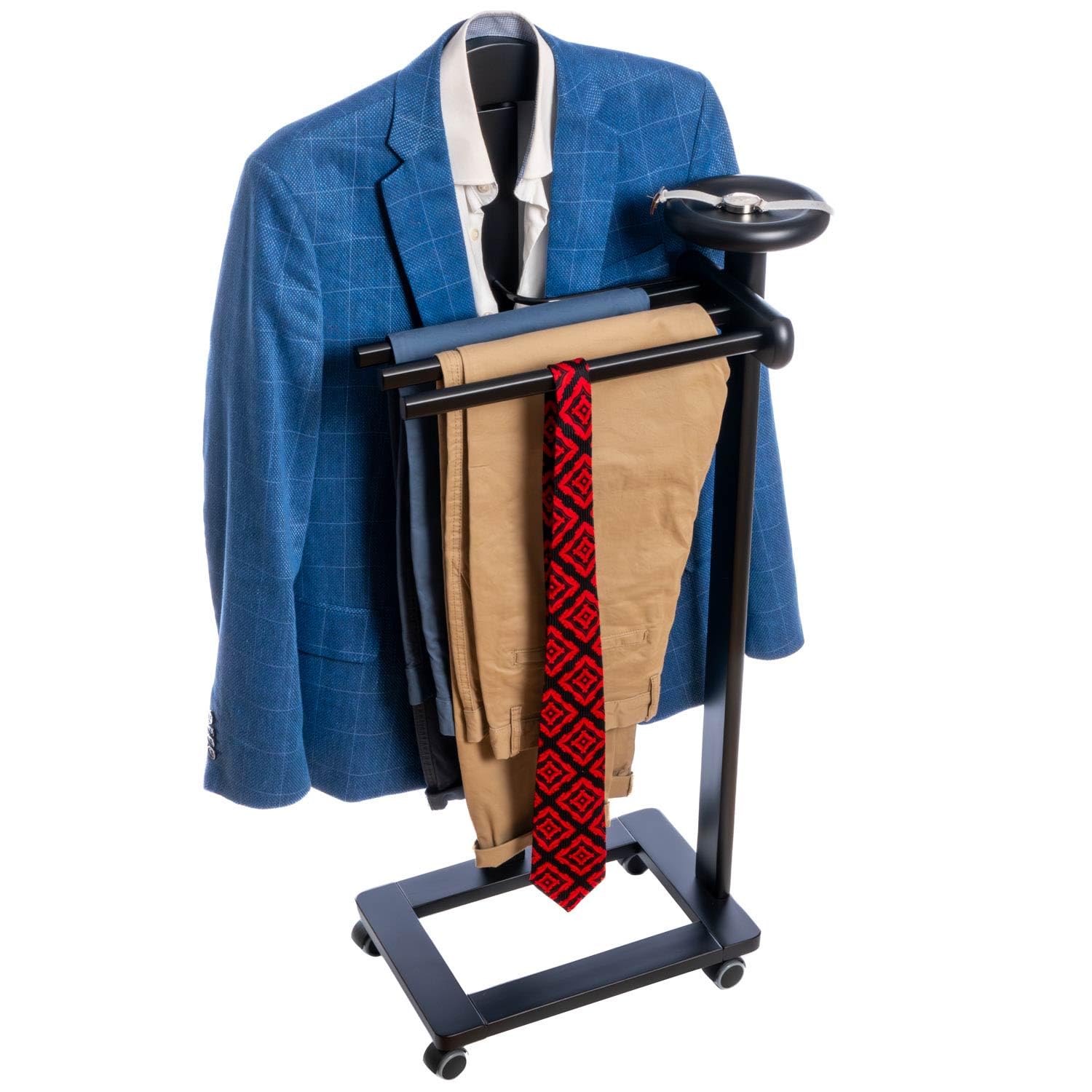 Tatkraft Baron - Servo Muto da Camera, Moderno Design, Indossatore da Terra con Ruote, Valletto in Legno, Porta Abiti Giacca per Uomo e Donna, Faggio Colore Nero, Prodotta in Italia