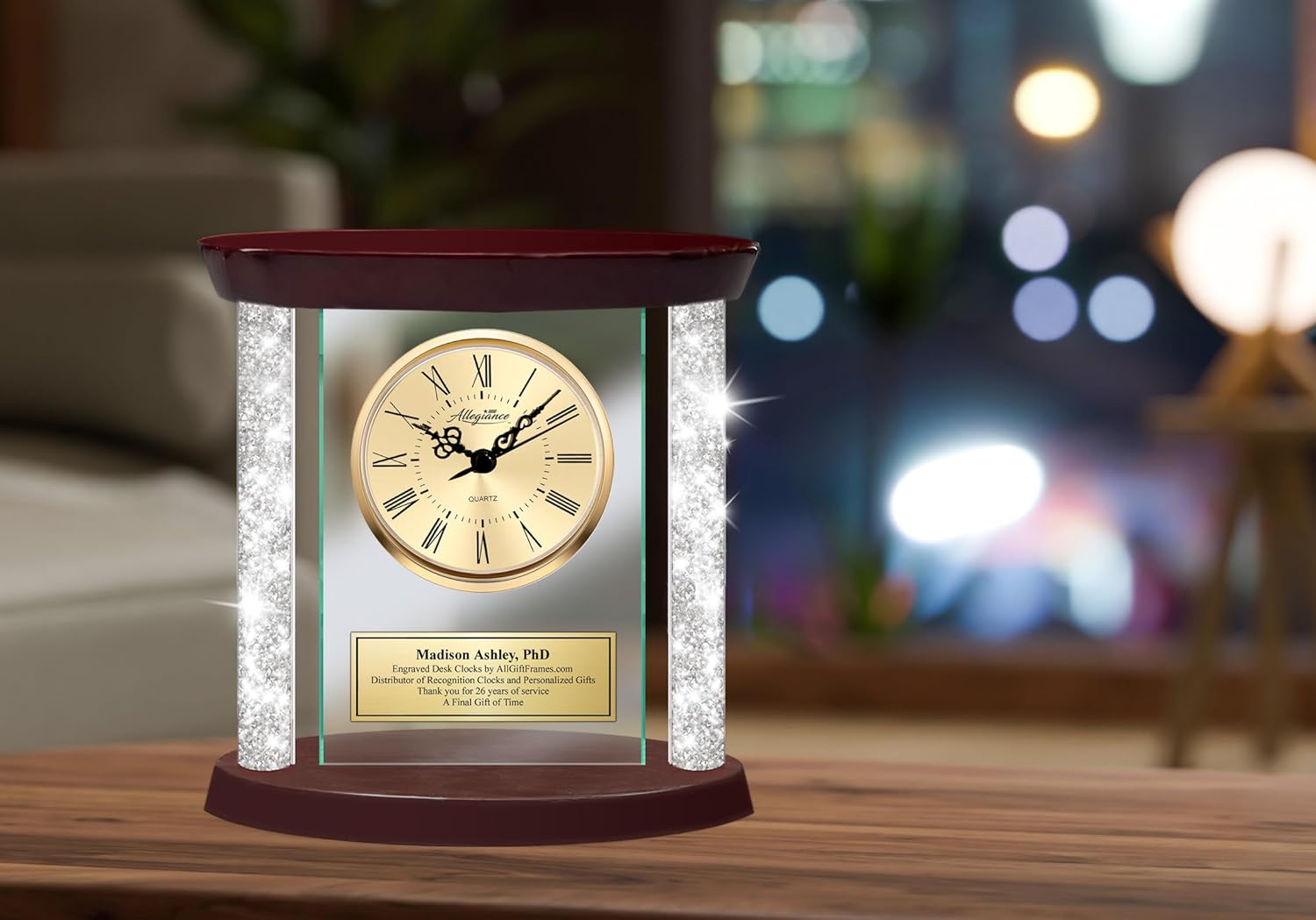 Diamond Mantel Table top Clock with Personalized Gold Engraved Plaque Wood Base Gold Bezel Service Award Retirement Appreciation Graduation Gift