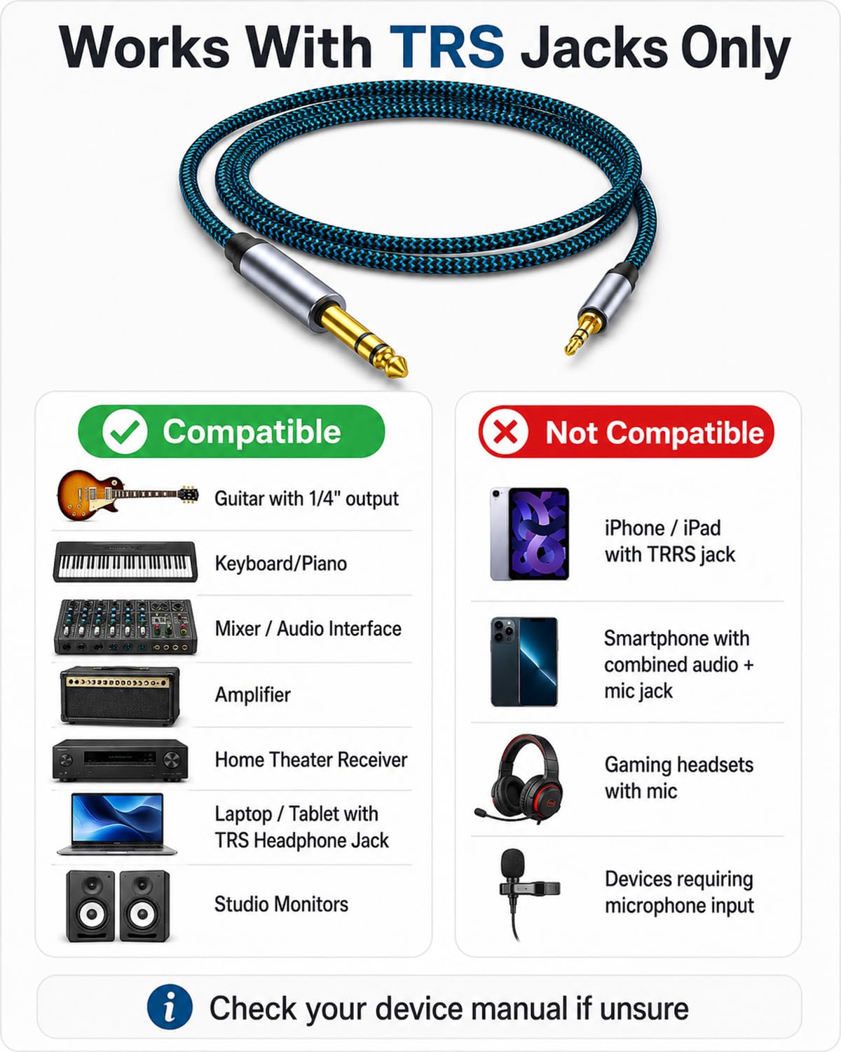 Cable de audio estéreo TRS, 3,5 mm a 6,35 mm, adaptador de auriculares Hftywy, adaptador de 1/8 a 1/4 para guitarra, piano, amplificadores, dispositivos de cine en casa o consola de mezcla