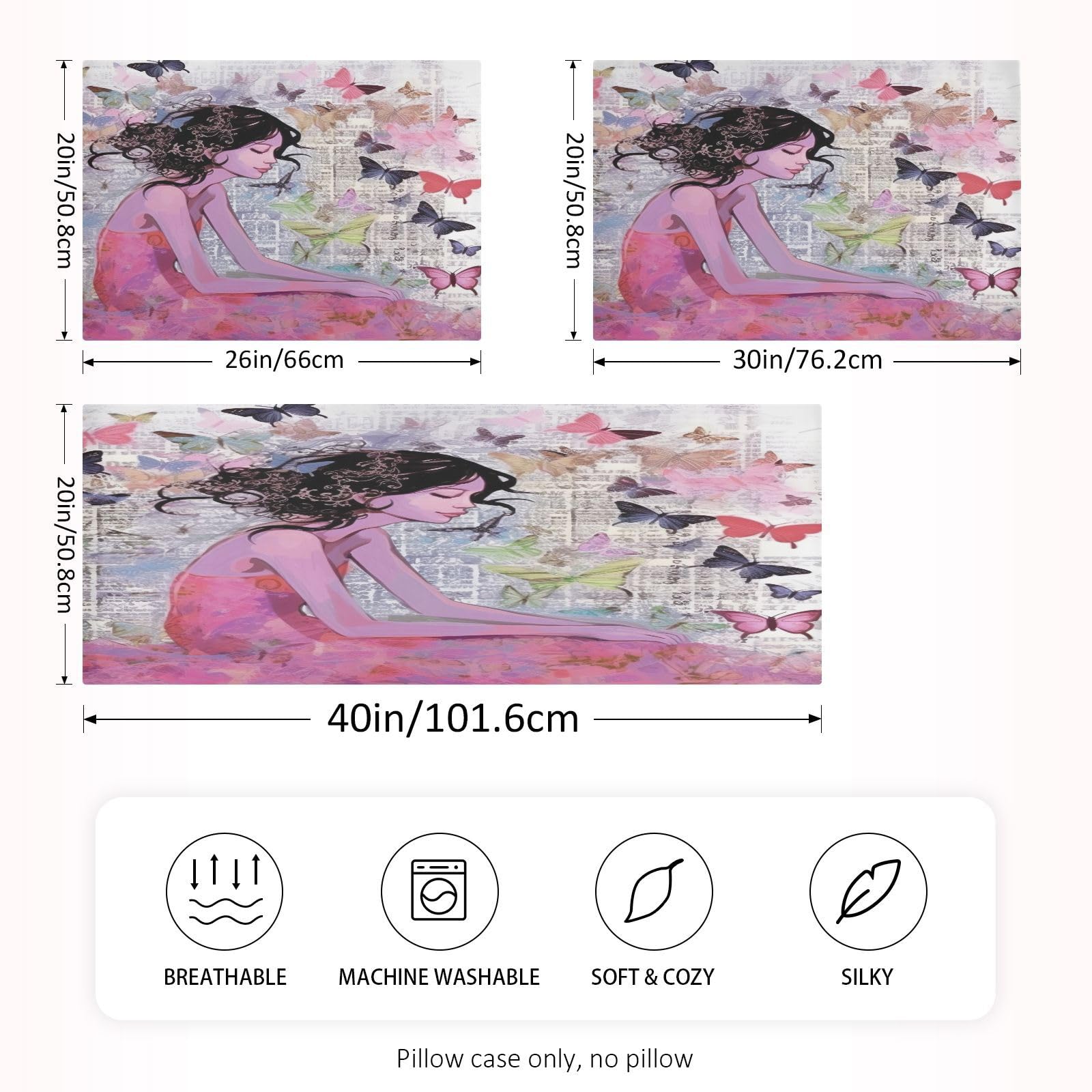 FLildon Satin Pillowcase Fairy Girl Butterfly Pillow Cases Soft Silky for Hair and Skin with Envelope Closure, Queen Size, 1 Pack