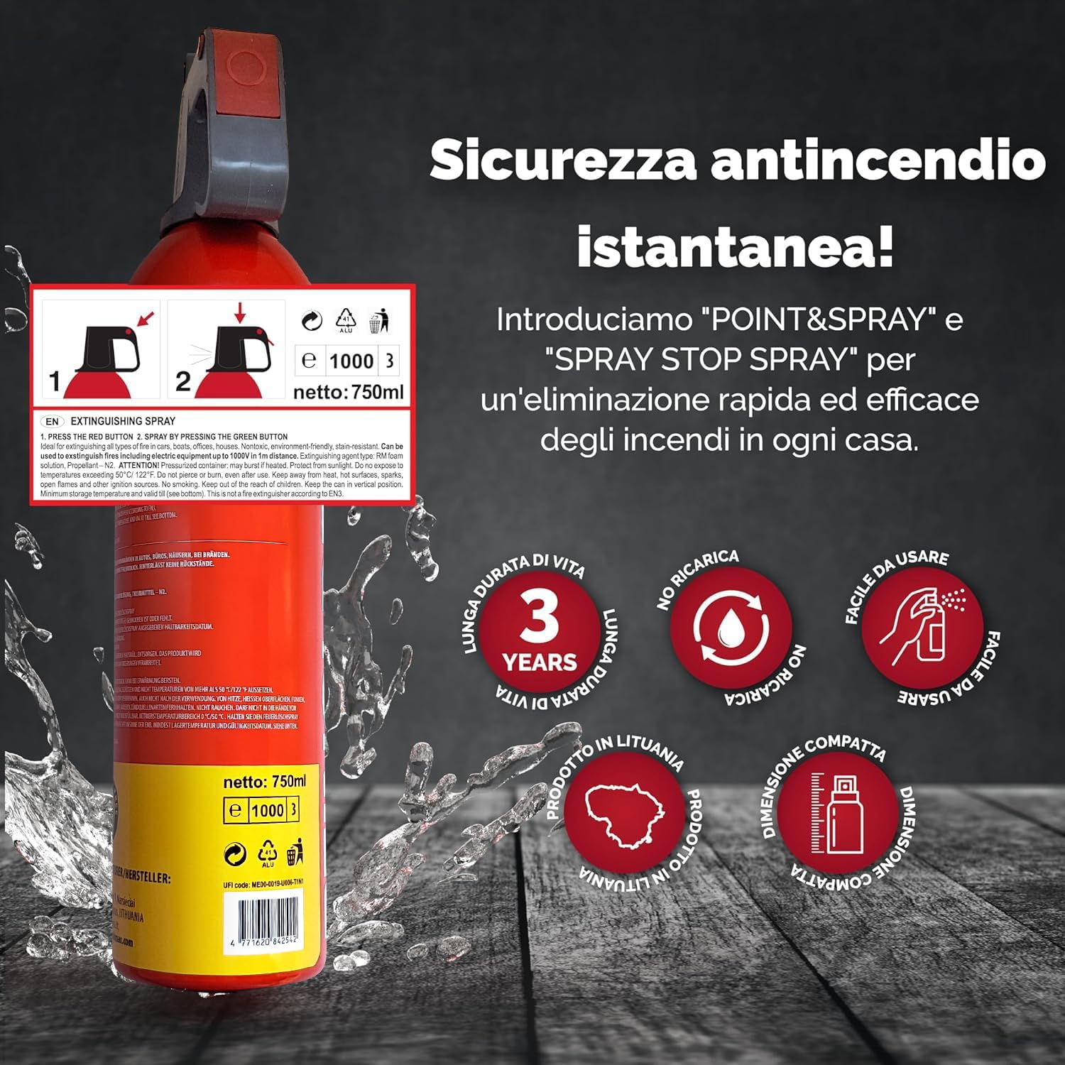 Piccolo estintore per auto, mini estintore per barca, estintore per camper, estintore elettrico, Aerosol 5 in 1 per tutti gli incendi, estintore commerciale, estintore ad acqua da 750ml