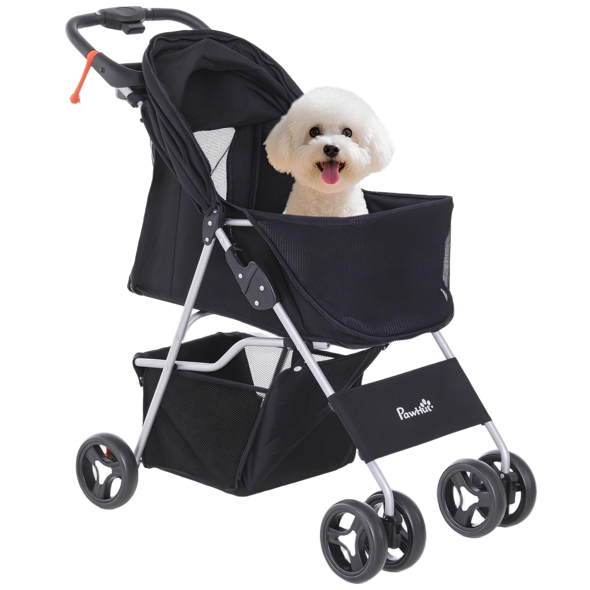 PawHut Carrito para Perros Plegable Cochecito para Mascotas Carrito para Perros Pequeños con Toldo Ajustable Cesta de Almacenaje 2 Ruedas Universales 75x46x94 cm Negro