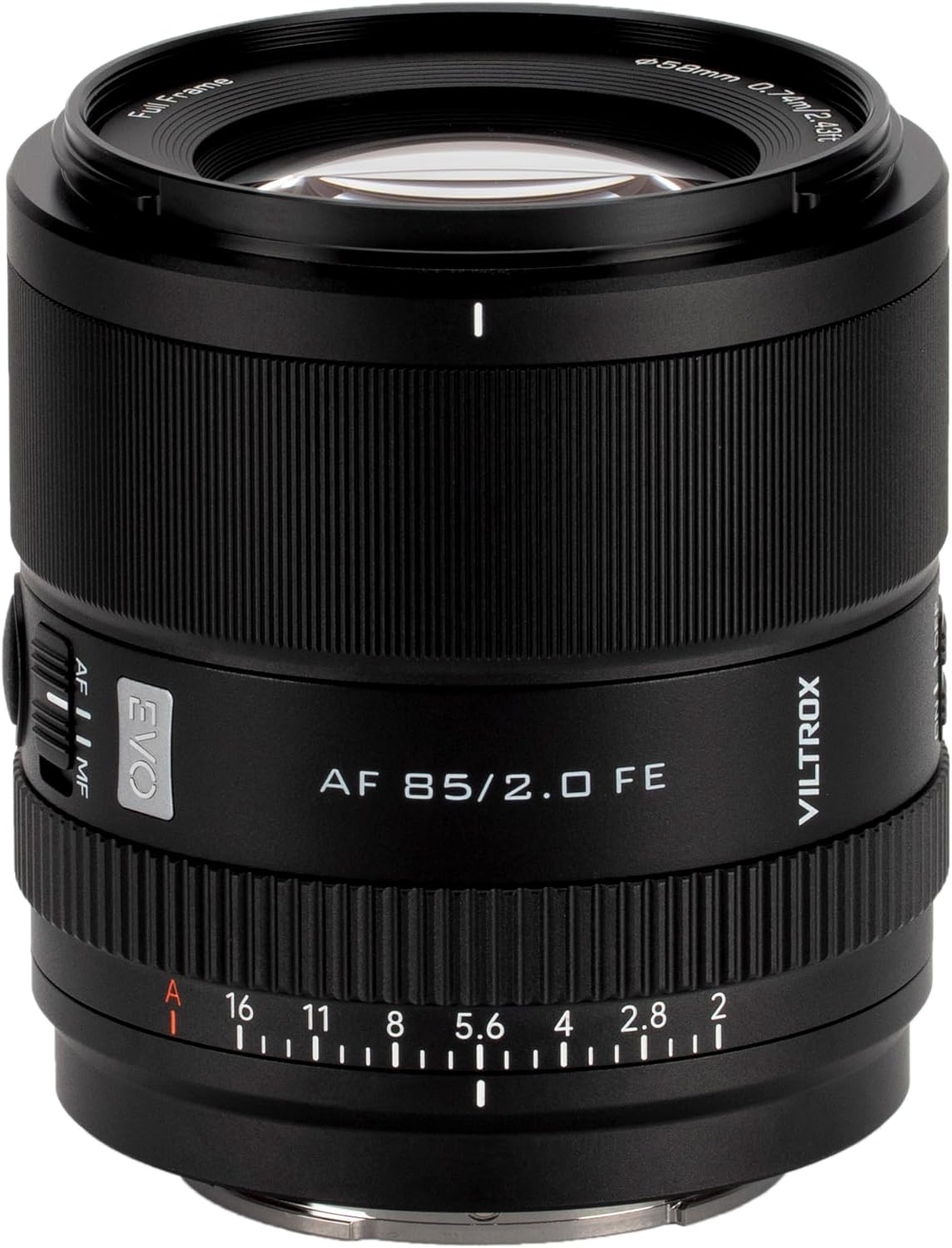 Close-up of the VILTROX 85mm F2 EVO FE lens showing the AF/MF switch on the side.