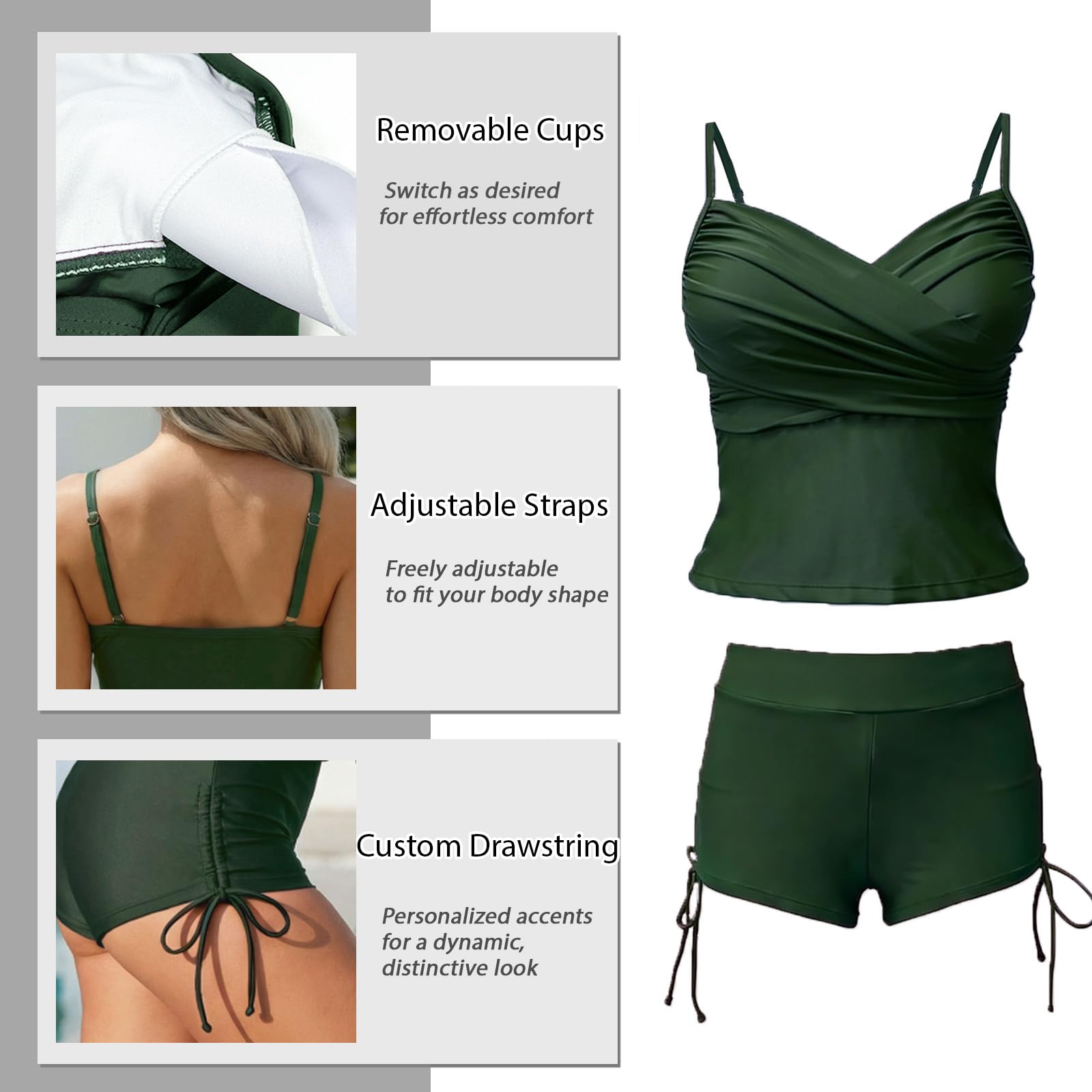 OUSIMEN Maillot de Bain Femme 2 Pieces Tankini Col V Bikini Froncé Push up à laçage Deux Pièces Ensemble Swimwea