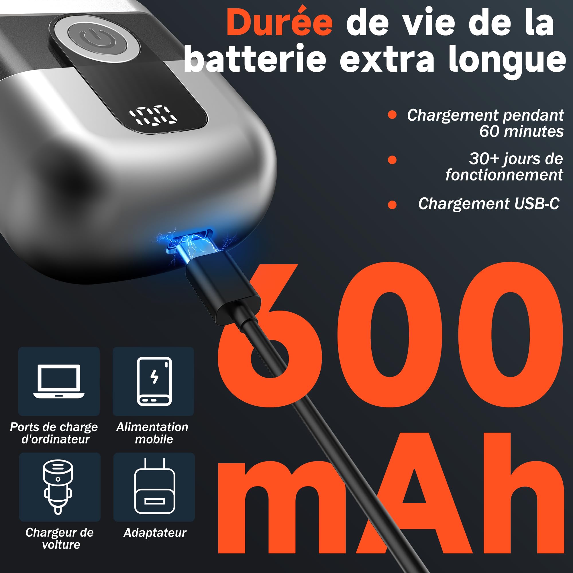 Mini Rasoir Électriques pour Hommes avec Affichage LED, Rasoir Électrique Étanche IPX6, Mini Rasoir Portable Silencieux et Lavable, Rasoir Homme Gris