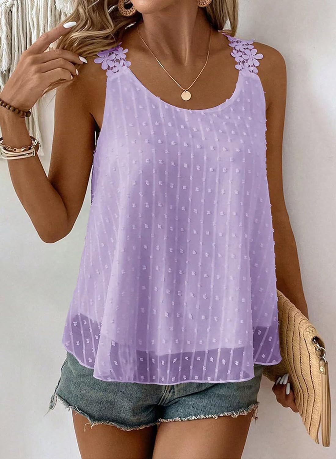Womens Tank Tops Flowy Sleeveless Summer Boho Tank Top for Women Casual Crewneck Strap Lace Camisole Shirts - Image 4