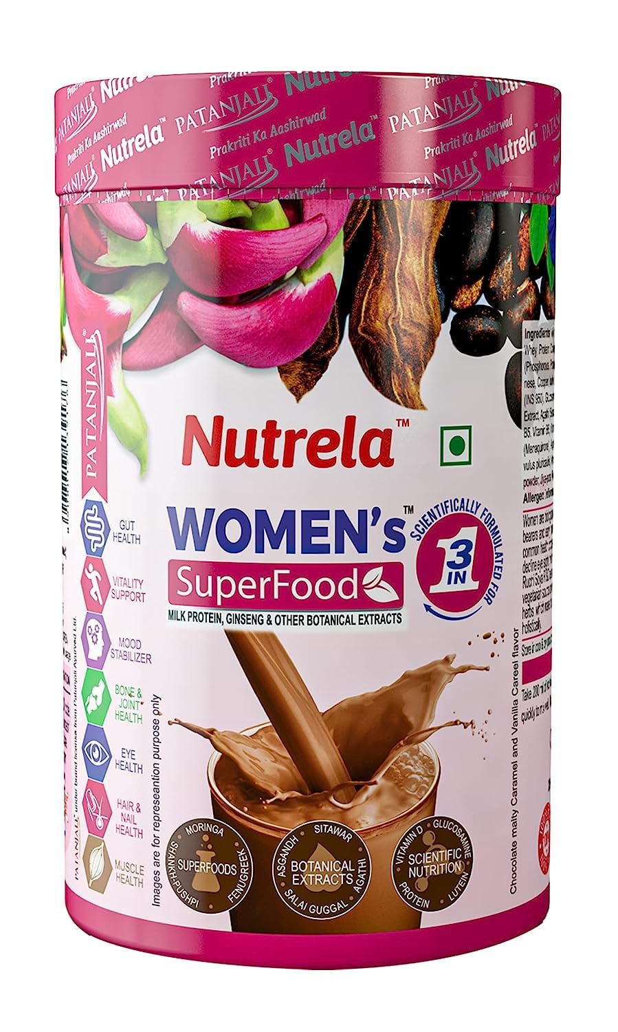 Hirdyaksh Mart Nutrela Womens Superfood with Biofermented Vitamins, Glucosamine, Cow Milk Calcium Vitamin E - 100% RDA & No Added Sugar - Pack of 400gm, Chocolate Flavour Powder