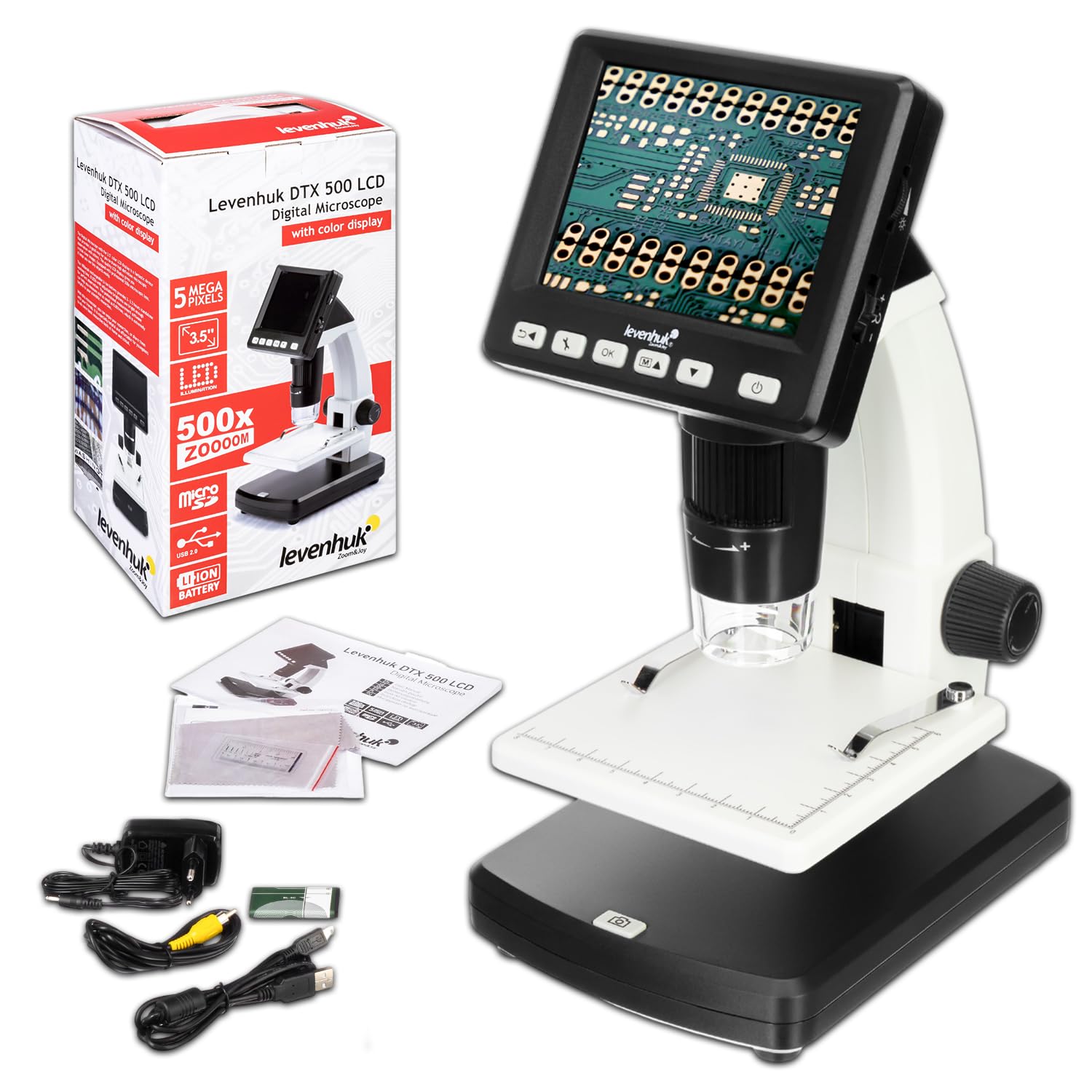 Levenhuk DTX 500 LCD – Digitalmikroskop mit 3,5" Bildschirm, 20–500x Zoom, integrierter Kamera, Foto/Videoaufnahme, USB-Anschluss, kompatibel mit Windows & macOS, ideal für Schule, Labor & Hobby