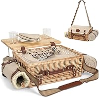 SatisInside Wicker Picnic Basket Set for 2 with Blanket, Detachable Table & Full Tableware - Insulated for Couples Camping Outdoors