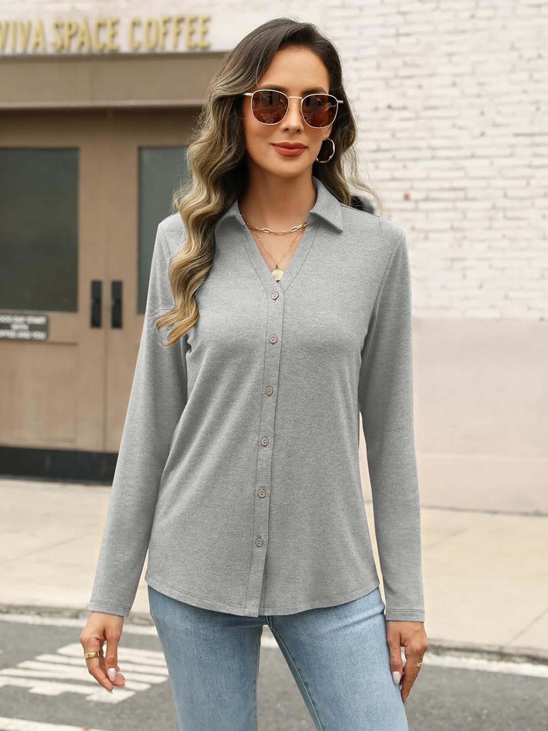 Womens Long Sleeve Tops Button Down Shirts Dressy Casual Fall Tops Trendy Tunic Tops - Image 2