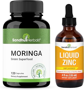 SANDHUHERBALS Moringa Capsules 120 Count & Liquid Zinc Drops 4 Fl Oz | Supports Immune, Gut & Skin Health