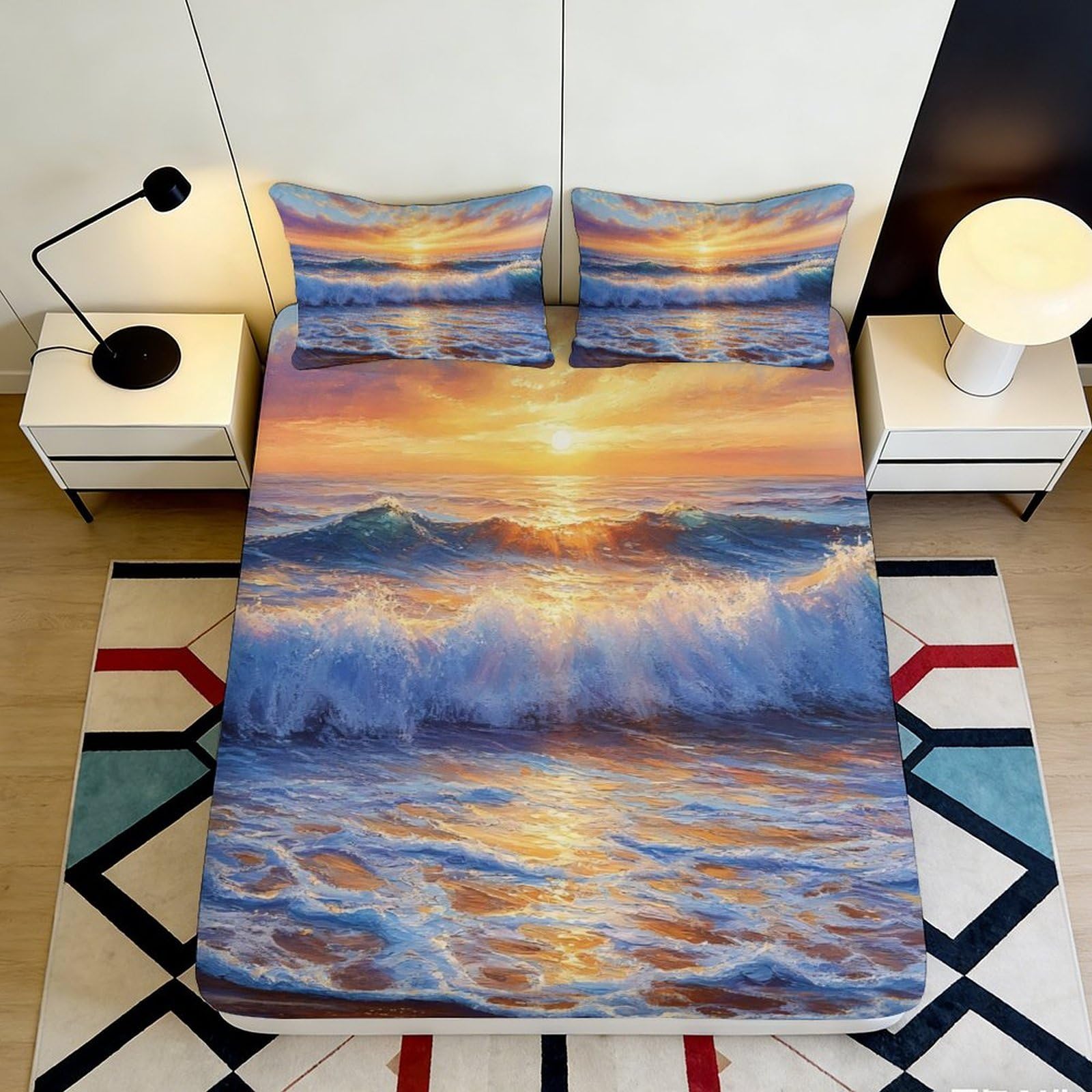 Dhbaneiok Style-7 3D Printed Ocean Sunset Fitted Sheet Microfiber Soft Artistic Wave Mattress Cover For Bedroom Dorm Decor Protection 90X200x25cm