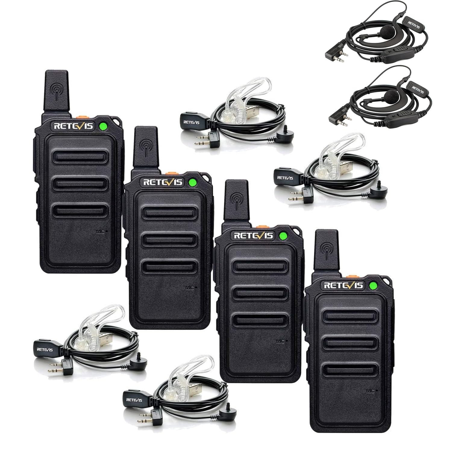 Retevis RT619 Walkie Talkie Profesional Bundle con Auriculares Tipo C 2 Pines, PMR446 sin Licencia 16 Canales VOX, para Familia, Restaurantes (2 Pacs)