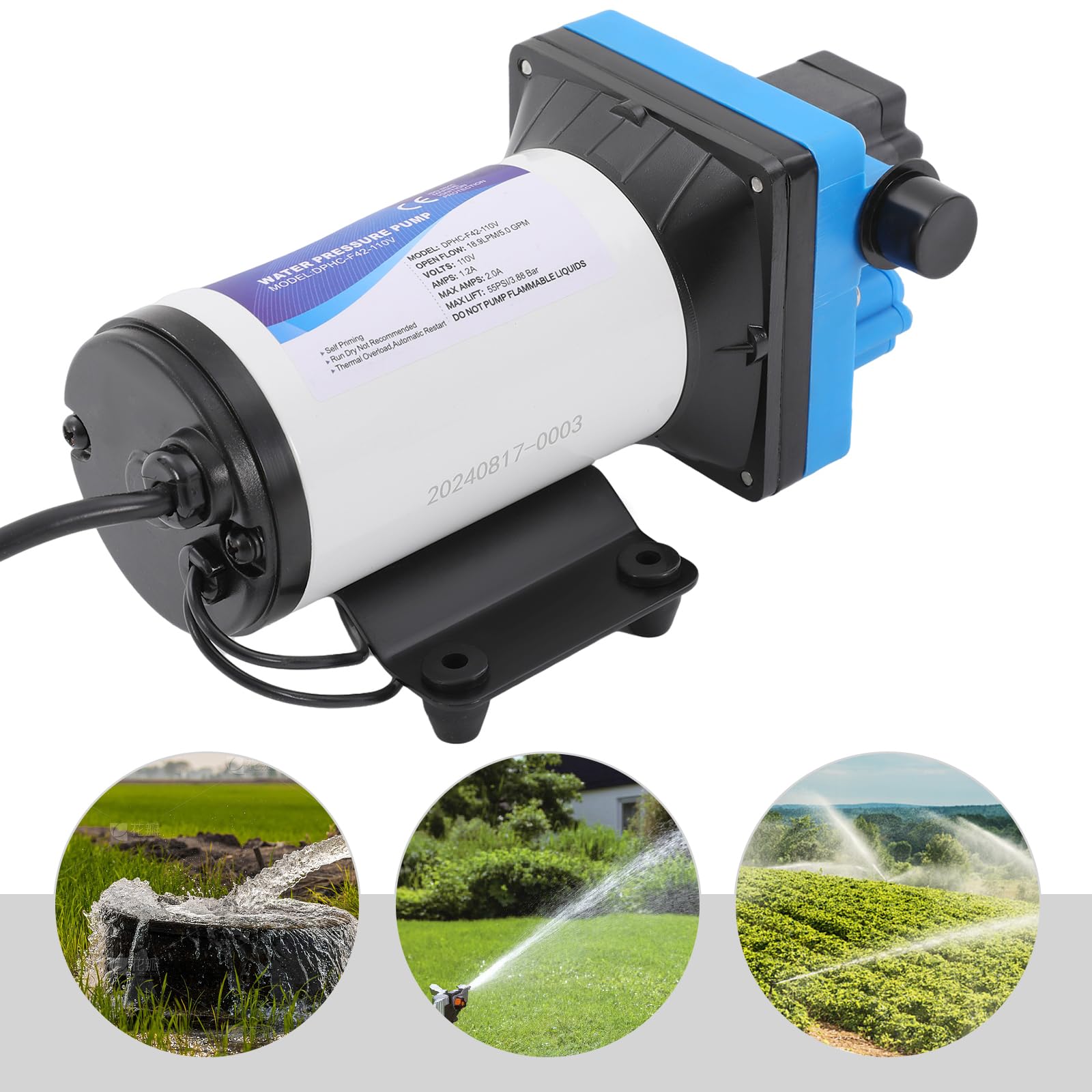 Diaphragm Water Pump, 110V 5.0GPM 55PSI Self Priming Automatic Diaphragm Pump with Pressure Switch and Standard Port, Electronic Pump for Industrials, Agriculture, 3m/9.84ft Suction Range